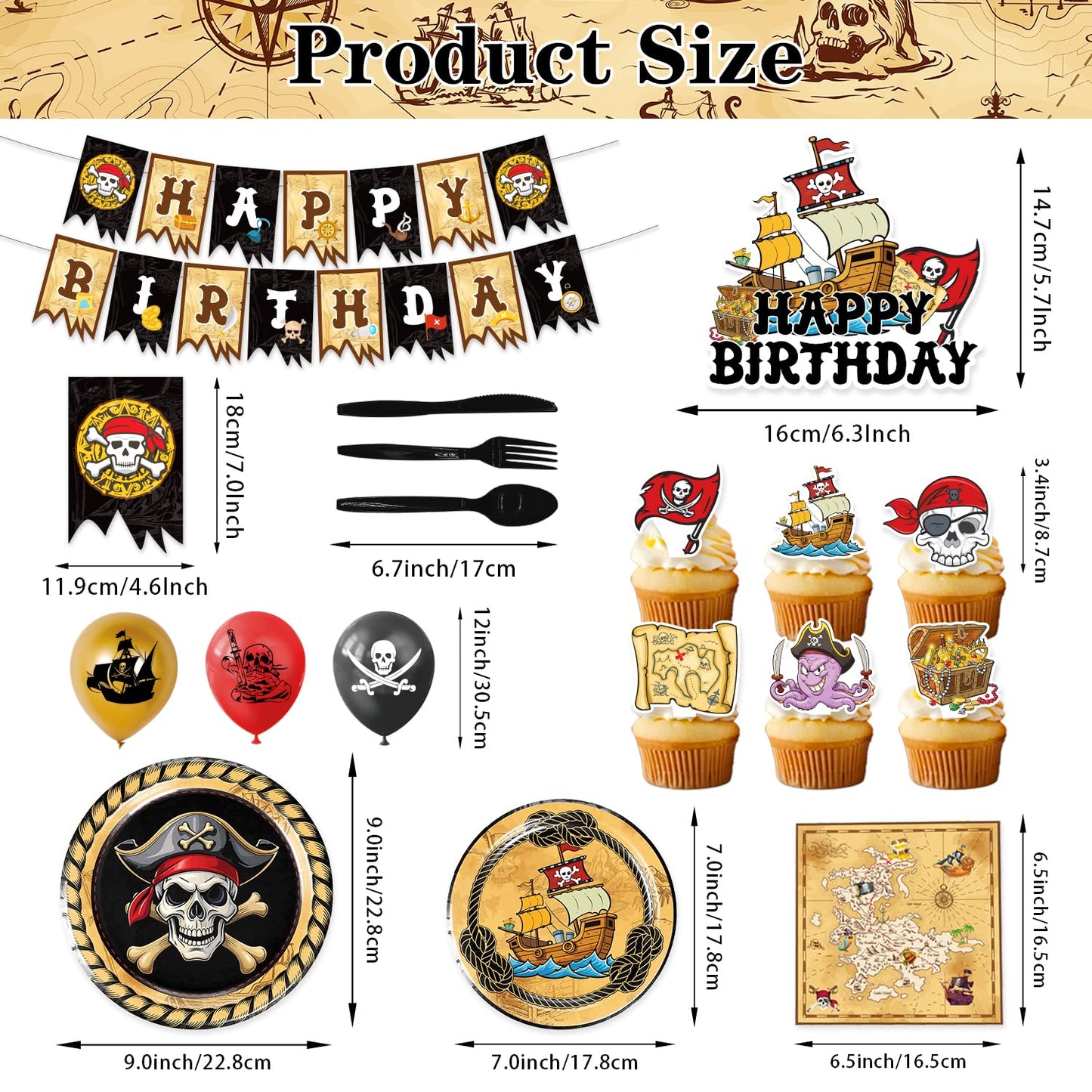 Heidaman 120Pcs Pirate Party Decorations?Pirate Birthday Decorations,Pirate Themed Party Decorations,Set Include?Balloons,Backdrop,Banner, Cake