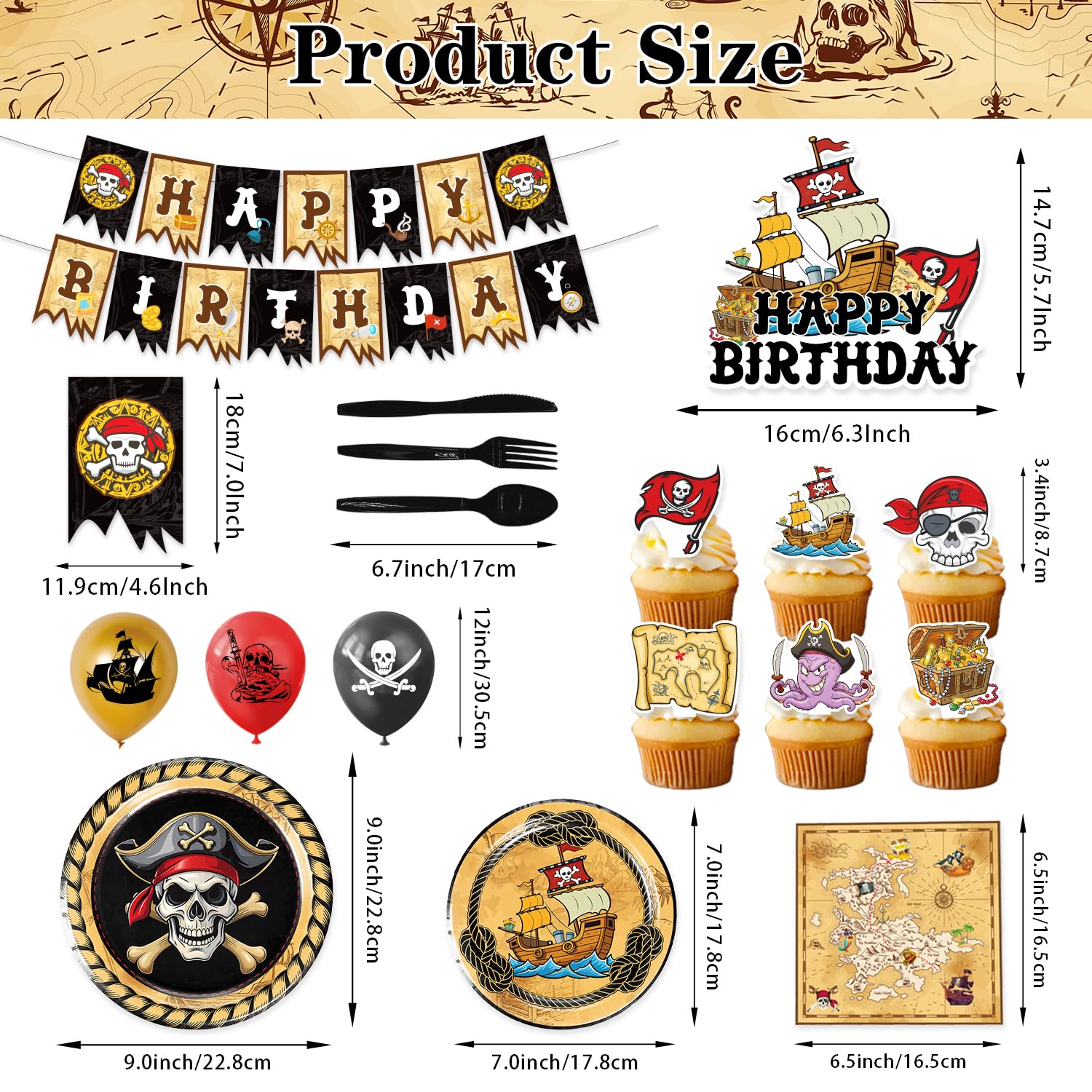 Heidaman 120Pcs Pirate Party Decorations?Pirate Birthday Decorations,Pirate Themed Party Decorations,Set Include?Balloons,Backdrop,Banner, Cake