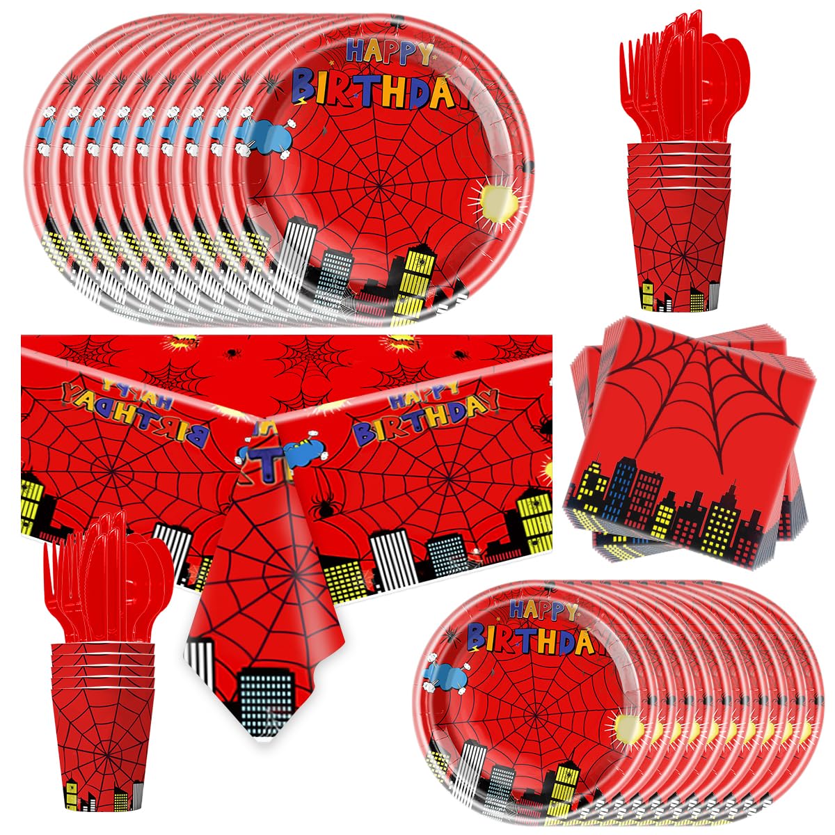 81Pcs Cartoon Spider Birthday Party Supplies,Red Spider Set Tableware Plates Napkins Cups Knives Spoons Forks