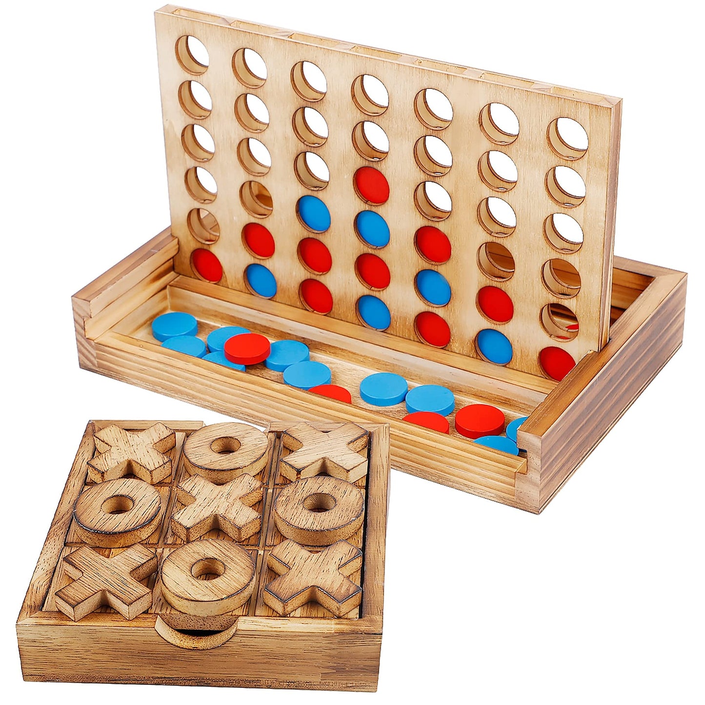 Glintoper Tic Tac Toe & 4 in a Row Tables Game Set, Classic Board Line Up 4 for Living Room Rustic Table Decor and Use as Game Top Wood Guest Room