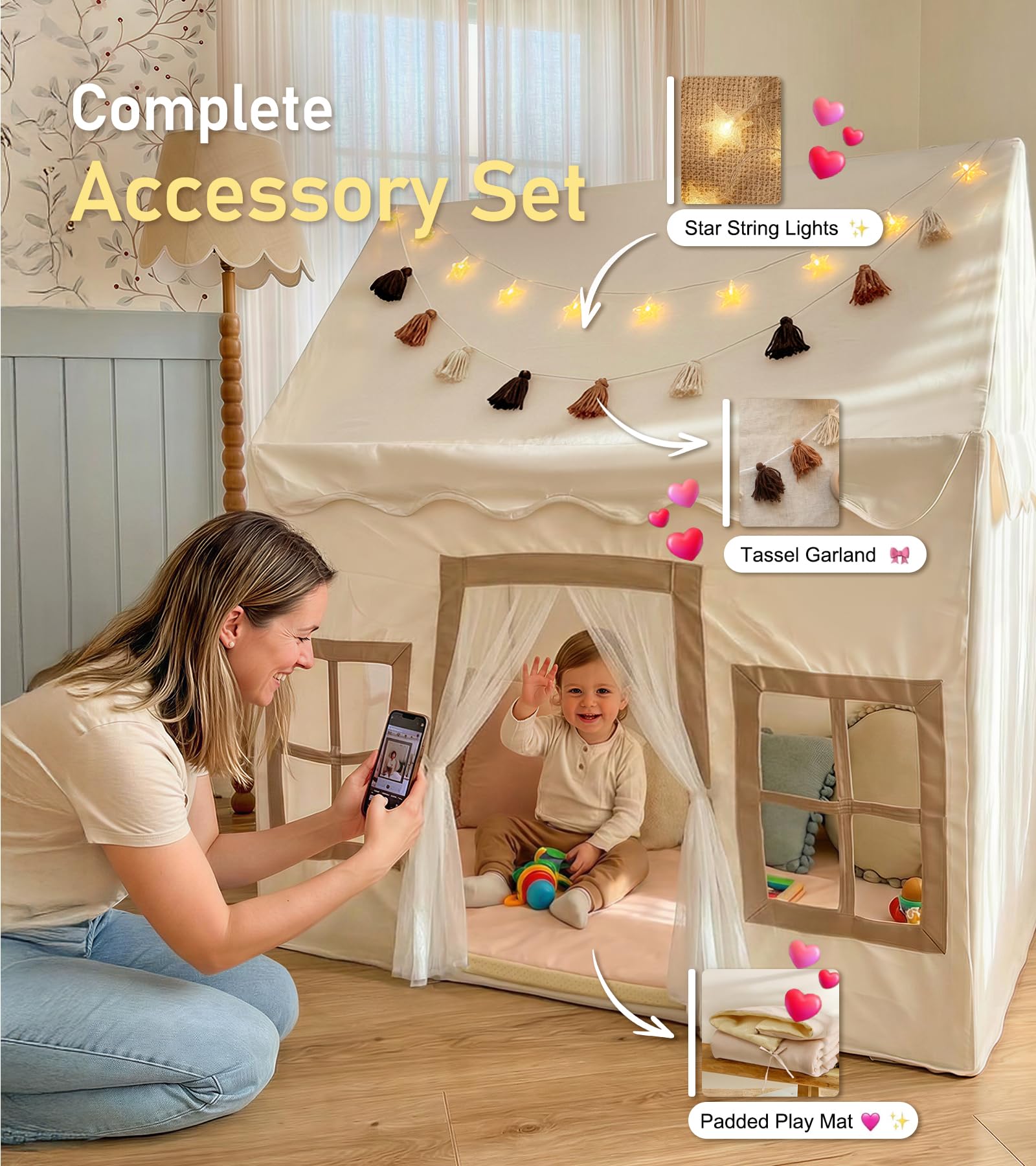 Play Tent with Mat, Star Light, Large Kids Playhouse with Windows Easy to Wash, Indoor and Outdoor Play Tents for Kids, Little Dove Toys for Girls