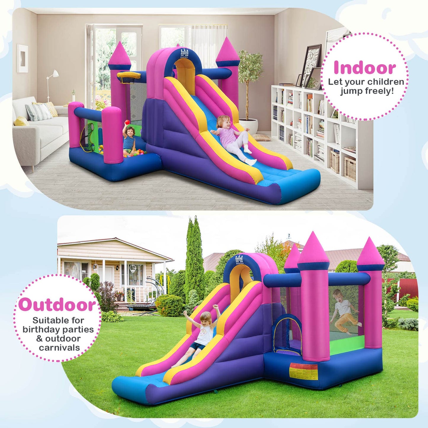 BOUNTECH Inflatable Bounce House, Princess Bouncy House with Long Slide & Ball Pit & Basketball Pit for Kids 3-10, Birthday Party Toddler Bounce House