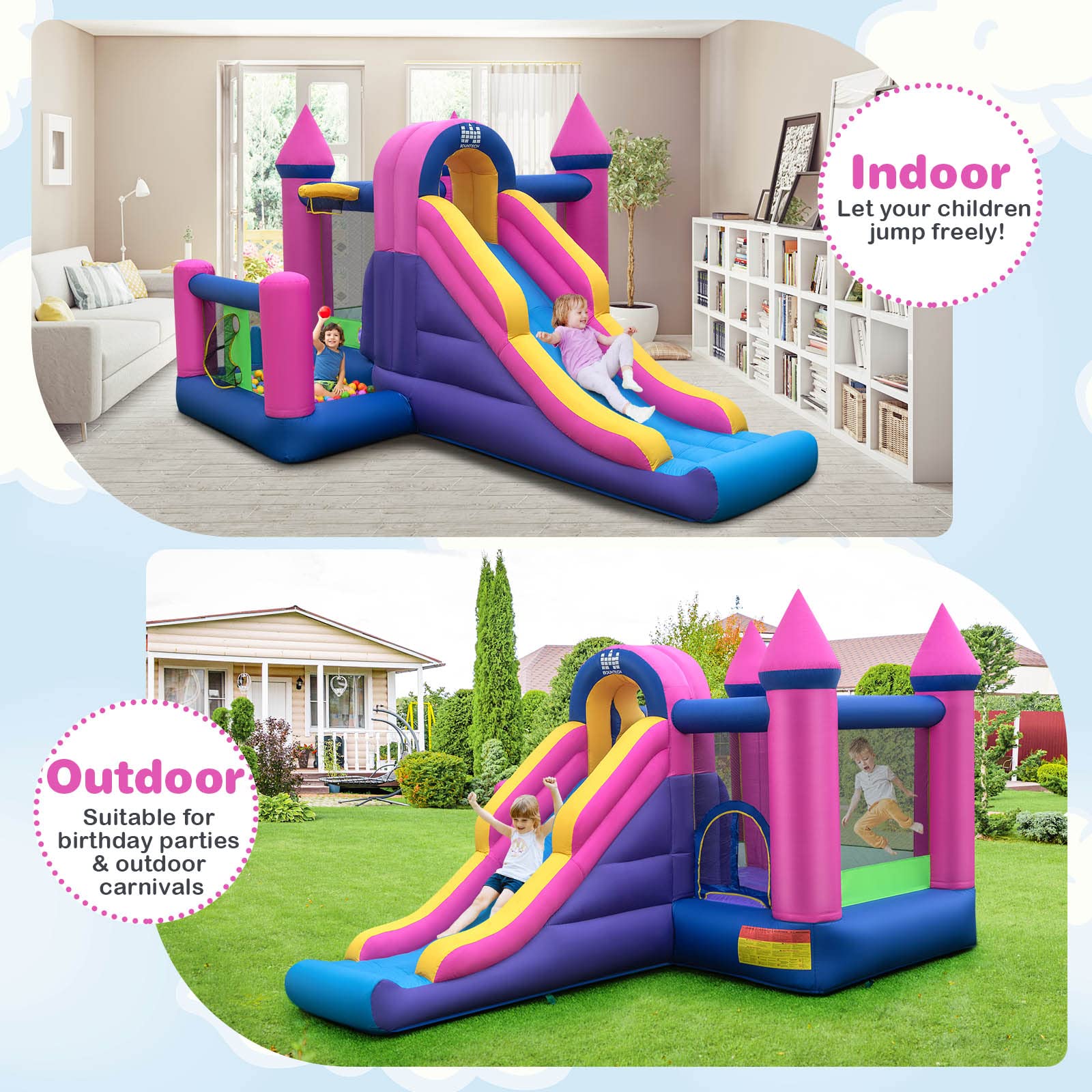 BOUNTECH Inflatable Bounce House, Princess Bouncy House with Long Slide & Ball Pit & Basketball Pit for Kids 3-10, Birthday Party Toddler Bounce House