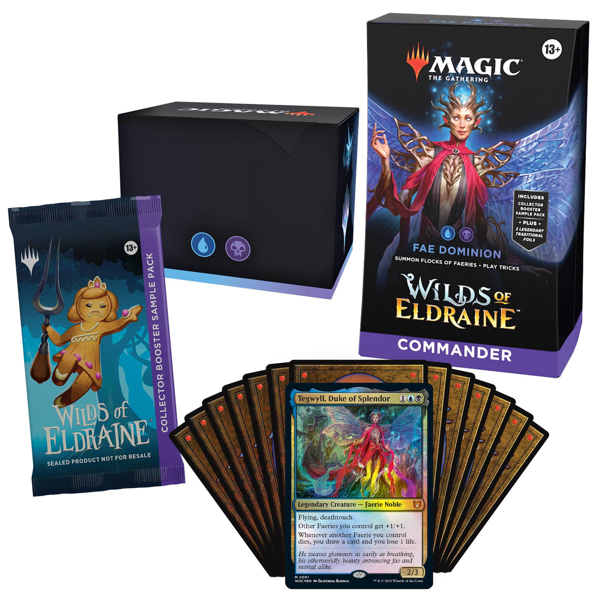 Magic: The Gathering Wilds of Eldraine Commander Deck - FAE Dominion (100-Card Deck, 2-Card Collector Booster Sample Pack + Accessories)