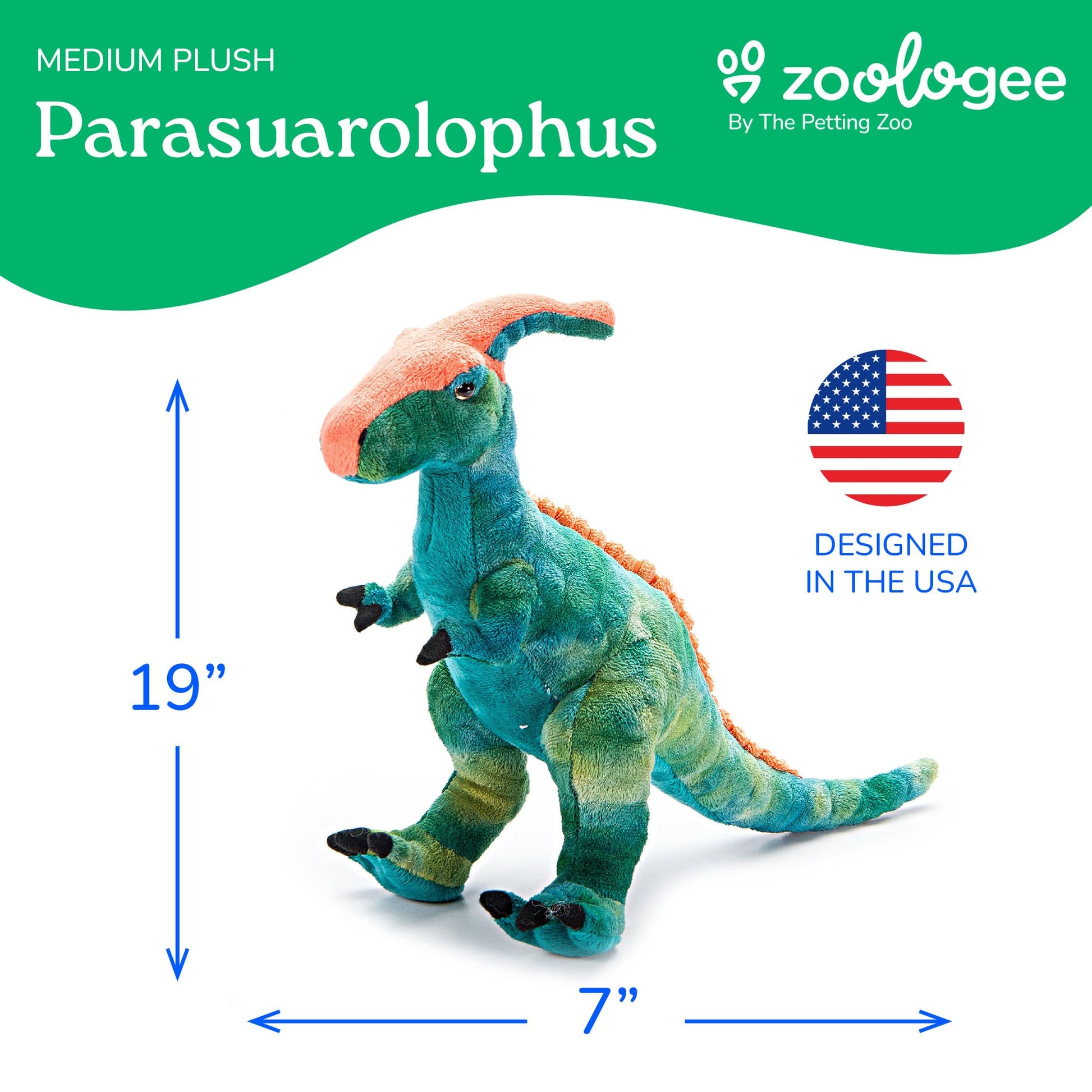 The Petting Zoo Parasaurolophus Dinosaur Stuffed Animal Plushie, Gift for Kids, Dinosaur Animals, Green Dinosaur Plush Toy 19 inches