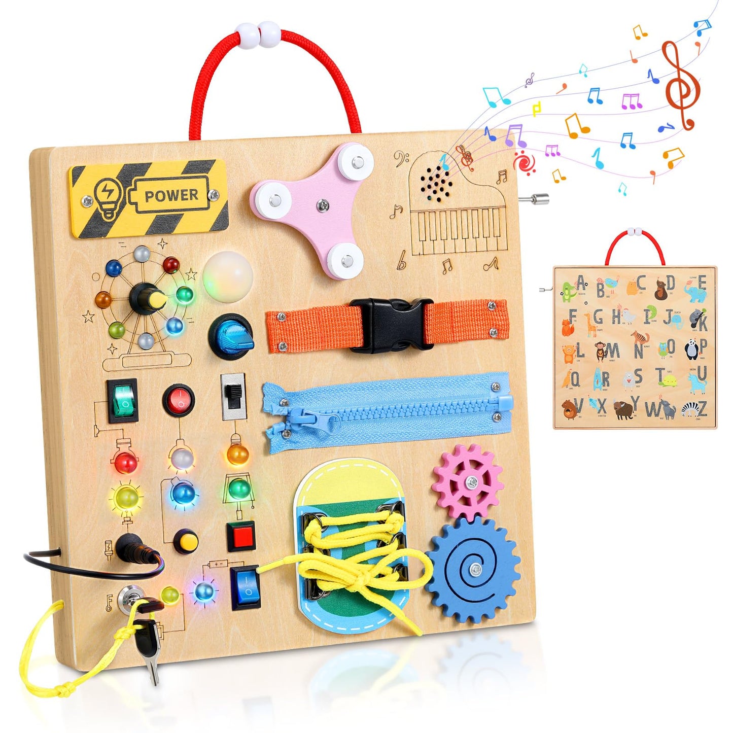 MoKo Montessori Busy Board Toys for 3+ Years Old Wooden Sensory Toys Board with LED Light Up Switch, Locks, Zippers, Music Boxes Learning Educational