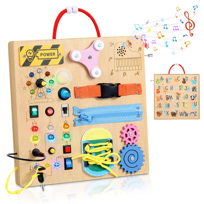 MoKo Montessori Busy Board Toys for 3+ Years Old Wooden Sensory Toys Board with LED Light Up Switch, Locks, Zippers, Music Boxes Learning Educational