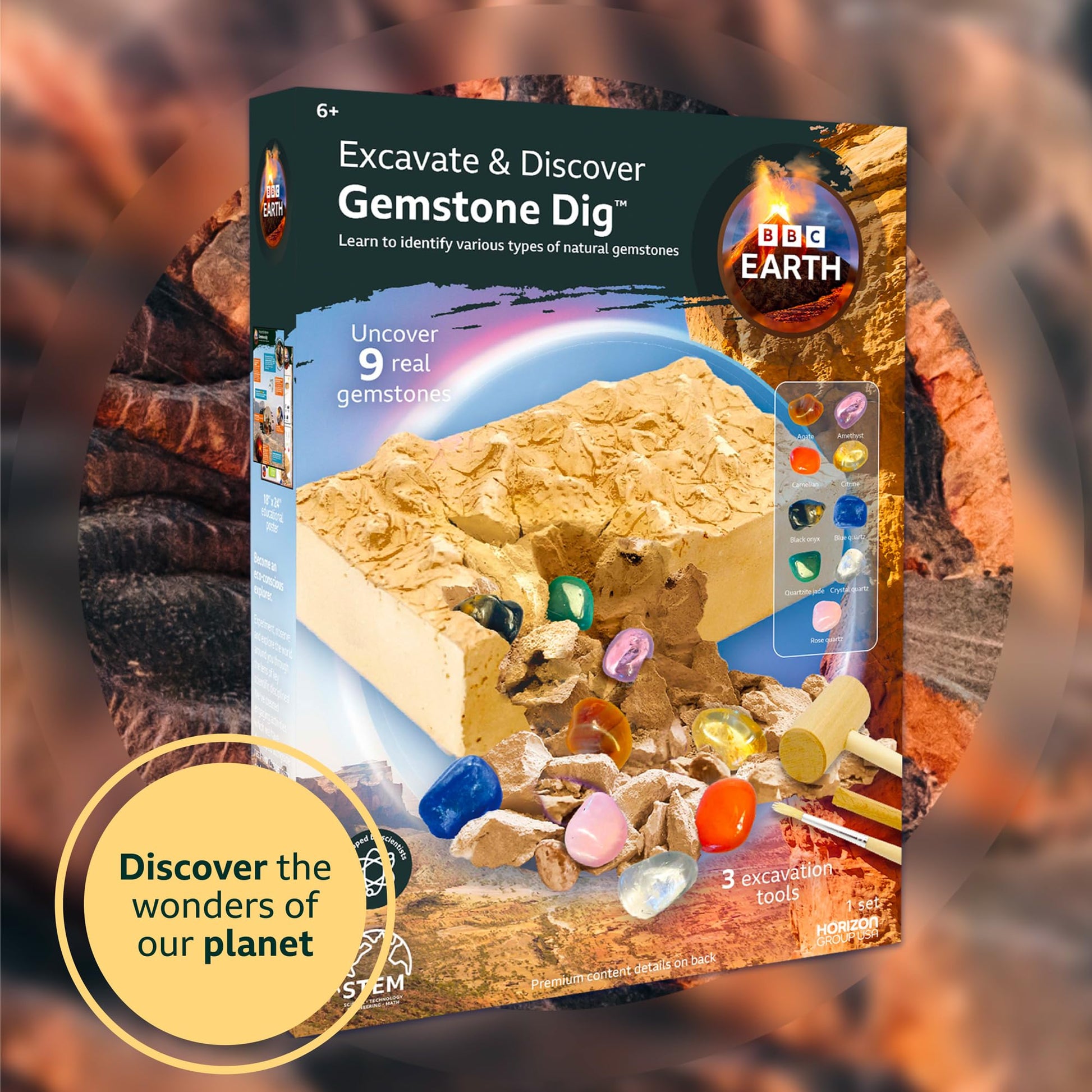 BBC Earth Excavate & Discover Gemstone Dig, Dig Up 9 Real Gemstones & Make Keychains, Rock Digging Excavation Kit, STEM Learning Kit, Kids Science