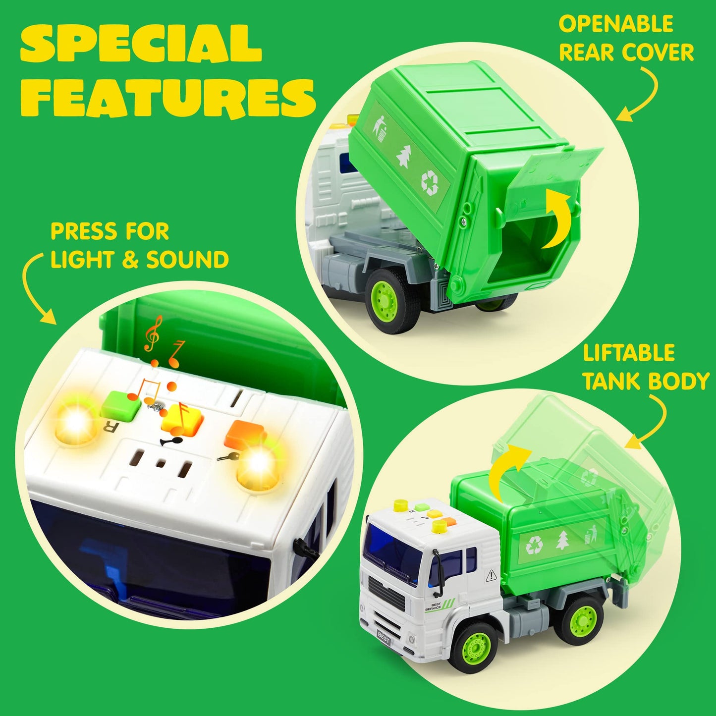 JOYIN 4 Pcs 7" Long Vehicle Toy Set, Toddlers Cars with Lights and Siren Sound, Including Play Police Car, School Bus, Garbage Truck, Ambulance