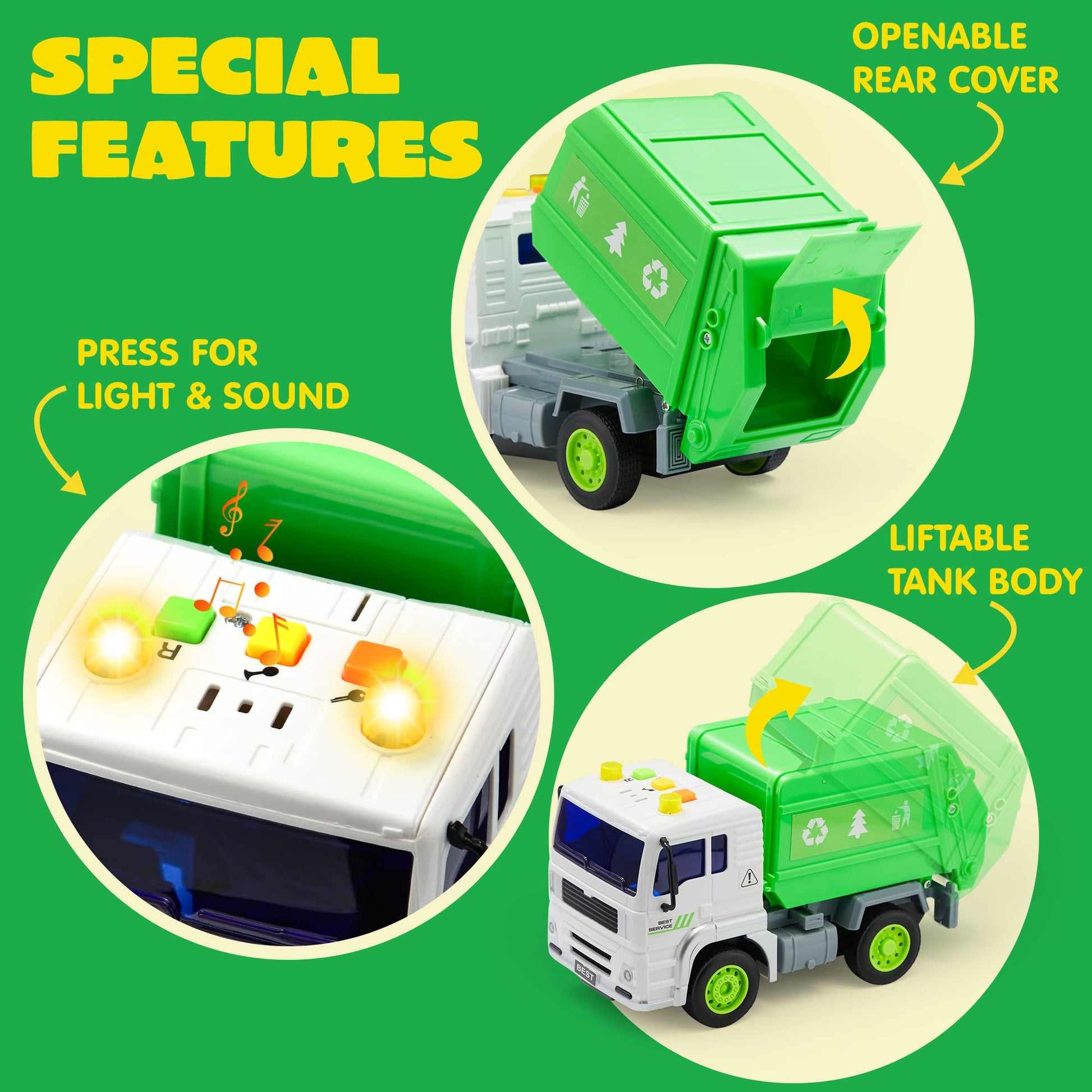 JOYIN 4 Pcs 7" Long Vehicle Toy Set, Toddlers Cars with Lights and Siren Sound, Including Play Police Car, School Bus, Garbage Truck, Ambulance