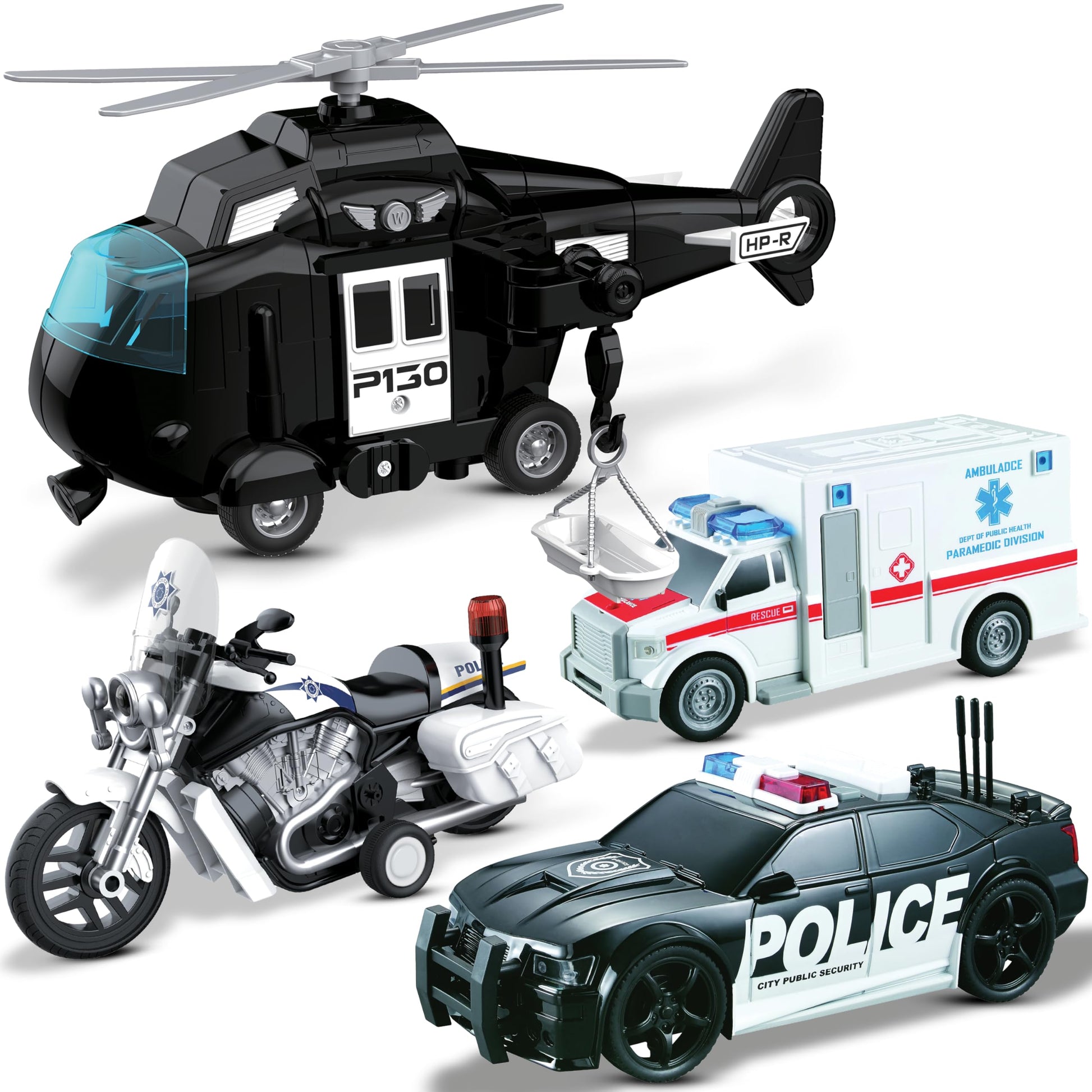 MOBIUS Toys Police Car PlaySet - Push-and-Go Police Vehicle with Lights, Sirens & Sounds - Durable BPA-Free Rescue Car for Kids Ages 3-7 - Educational