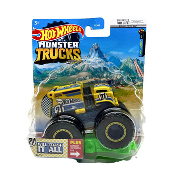 Monster Trucks Will Trash It All (Yellow/Blue) with Connect and Crash car 42/75, 1:64 Scale diecast Truck