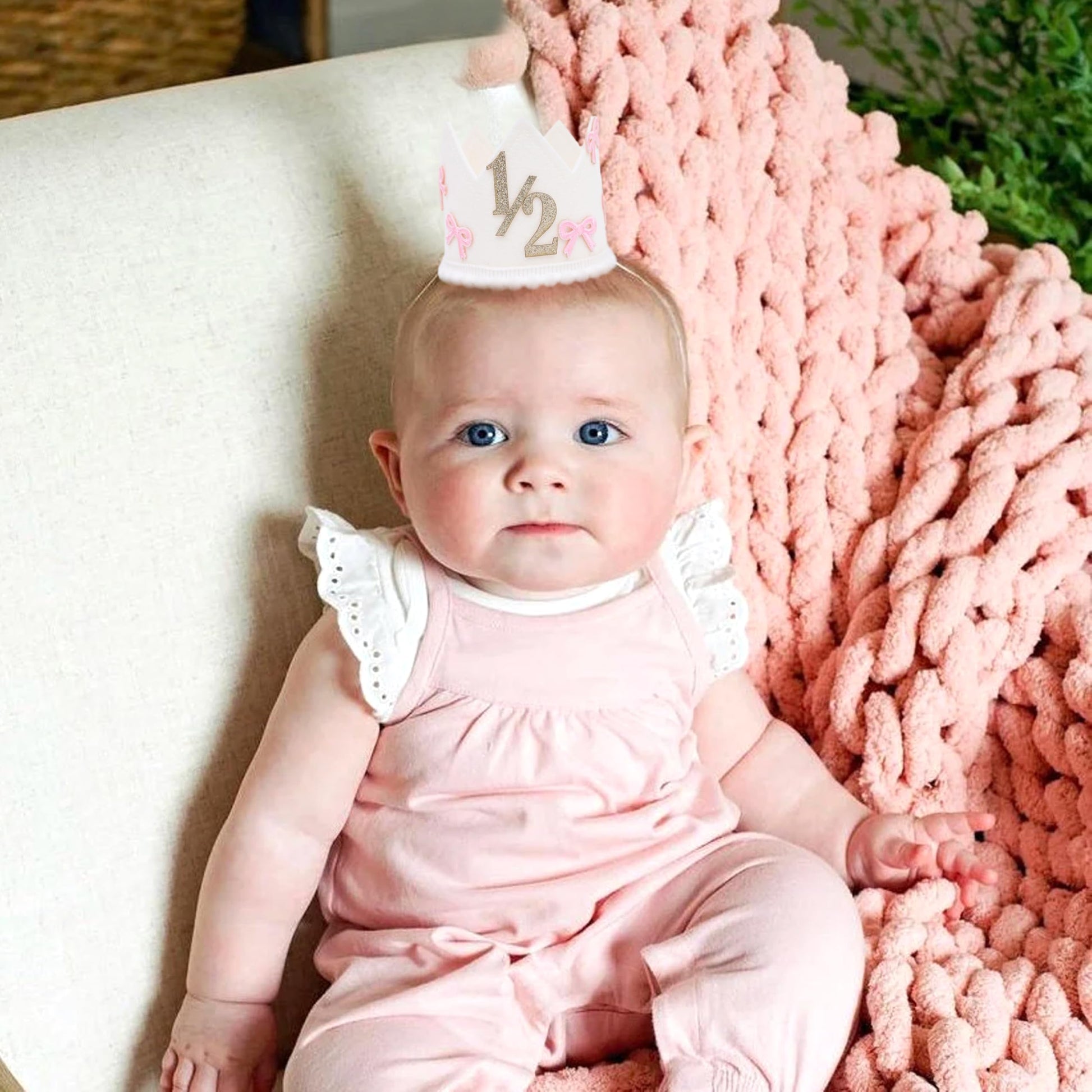 Jissoo Bow 1/2 Birthday Crown - 6 Months Birthday Decorations,Little Princess Crown for Cake Smash,Sweet Hat Photo Props,Pink Bow Half Way to One