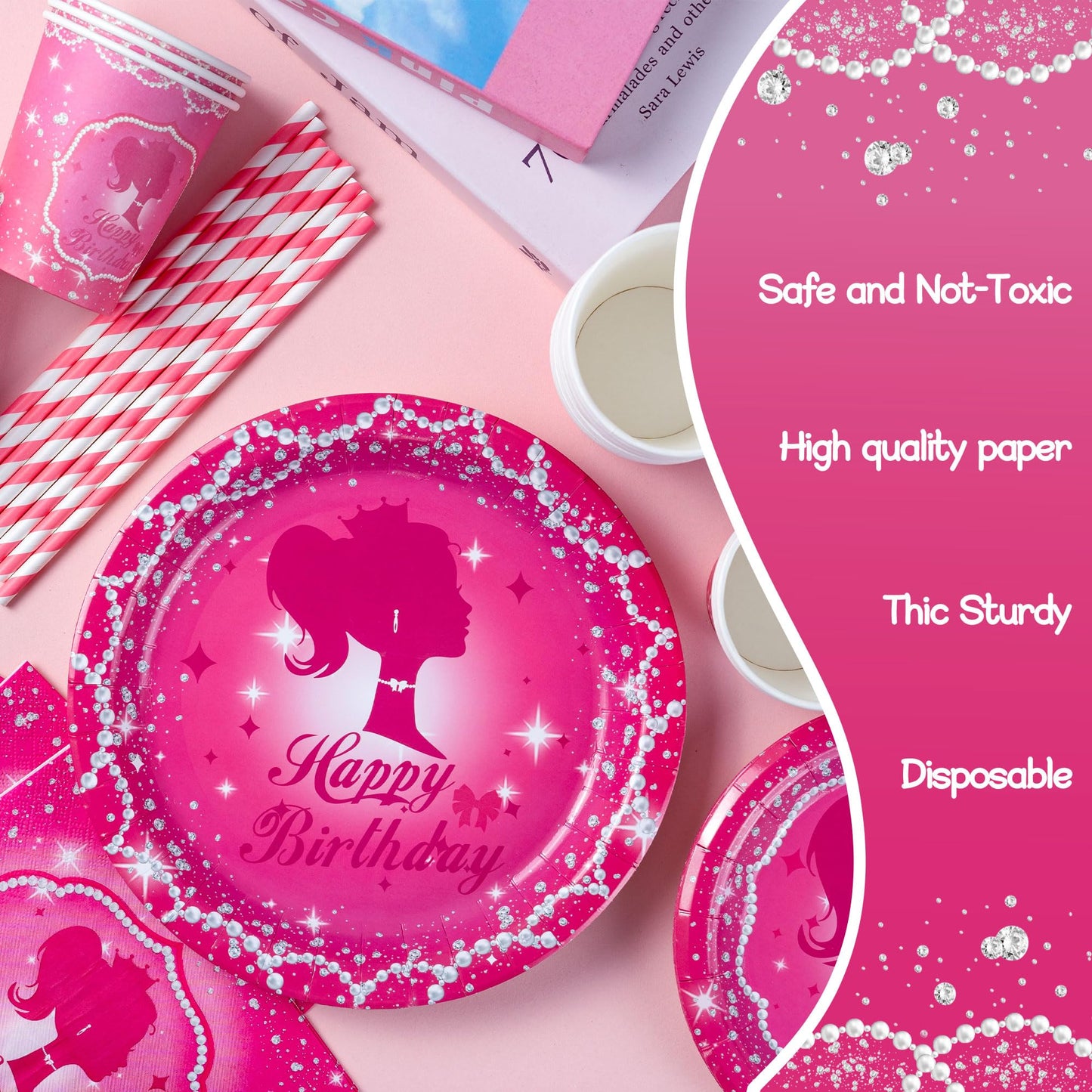 KULUJIA 162-Piece Hot Pink Birthday Tableware Set for 20 Guests