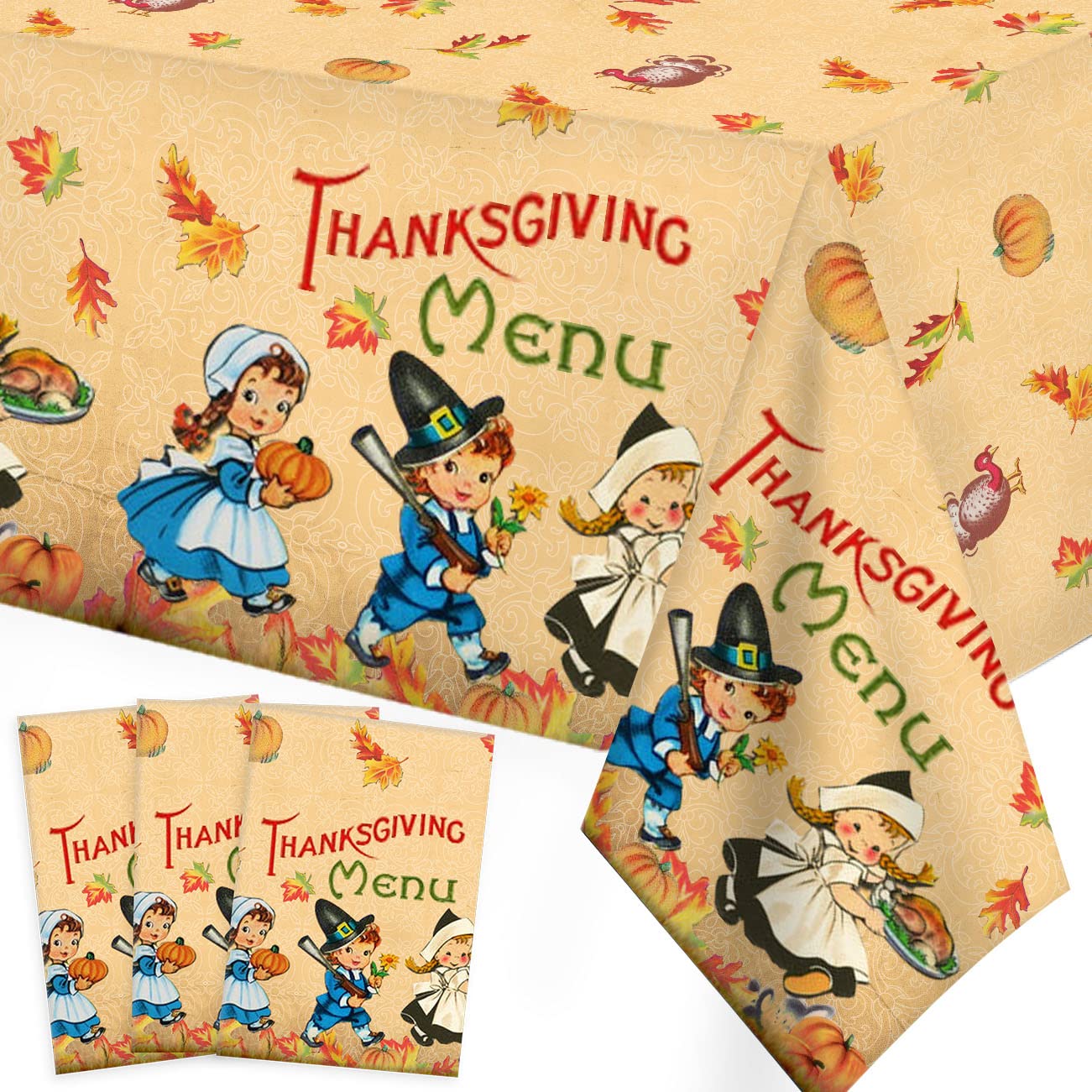 3 PCS Thanksgiving Fall Tablecloth Vintage Autumn Pumpkin Maple Leaves Disposable Plastic Thanksgiving Table Cover for Fall Harvest Party Supplies