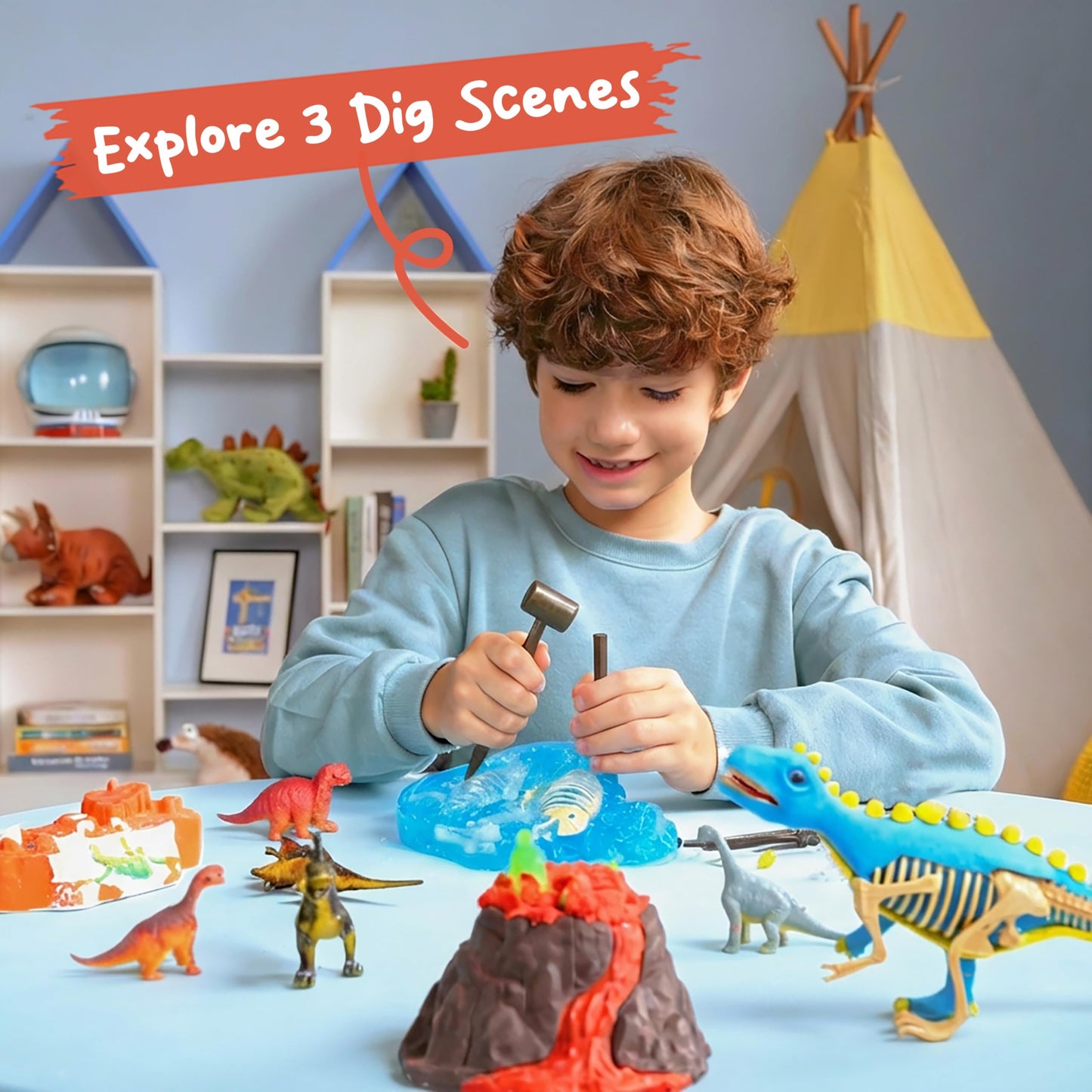 JOVA Klever Kits 3-in-1 Dinosaur Fossil Digging Kit STEM Learning Toys with Glow in The Dark Dinosaurs and Sensory Play Sand, DIY Your Own Dinosaur