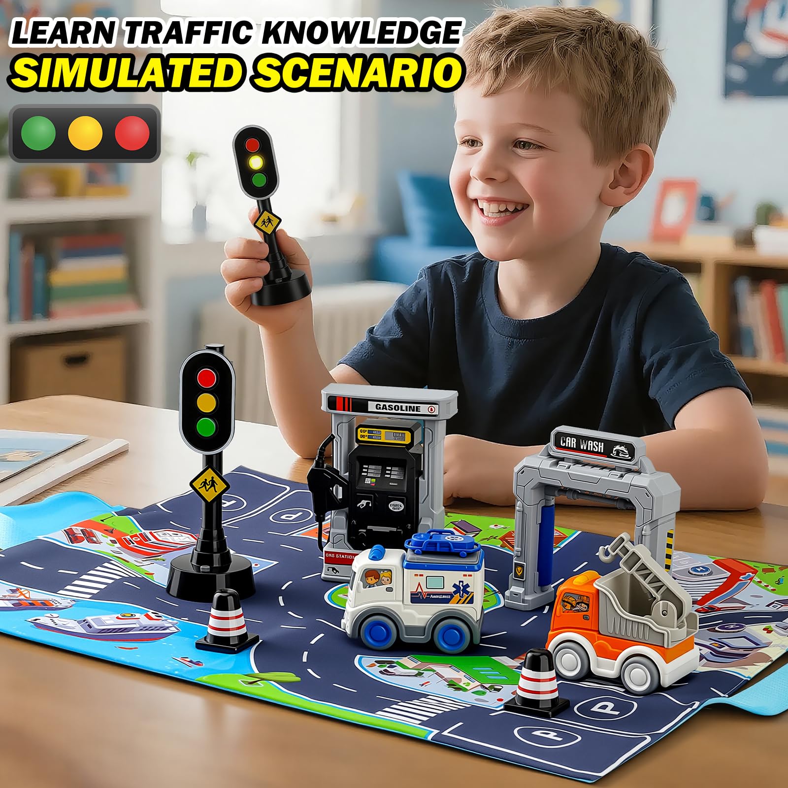 Weelozing Pull Back Truck Car Toddler Toy Set for 3 4 5 Year Old Boys and Girls with 2 in 1 Playmat Storage Bag, Kids Toys Age 3-5 Birthday Gifts
