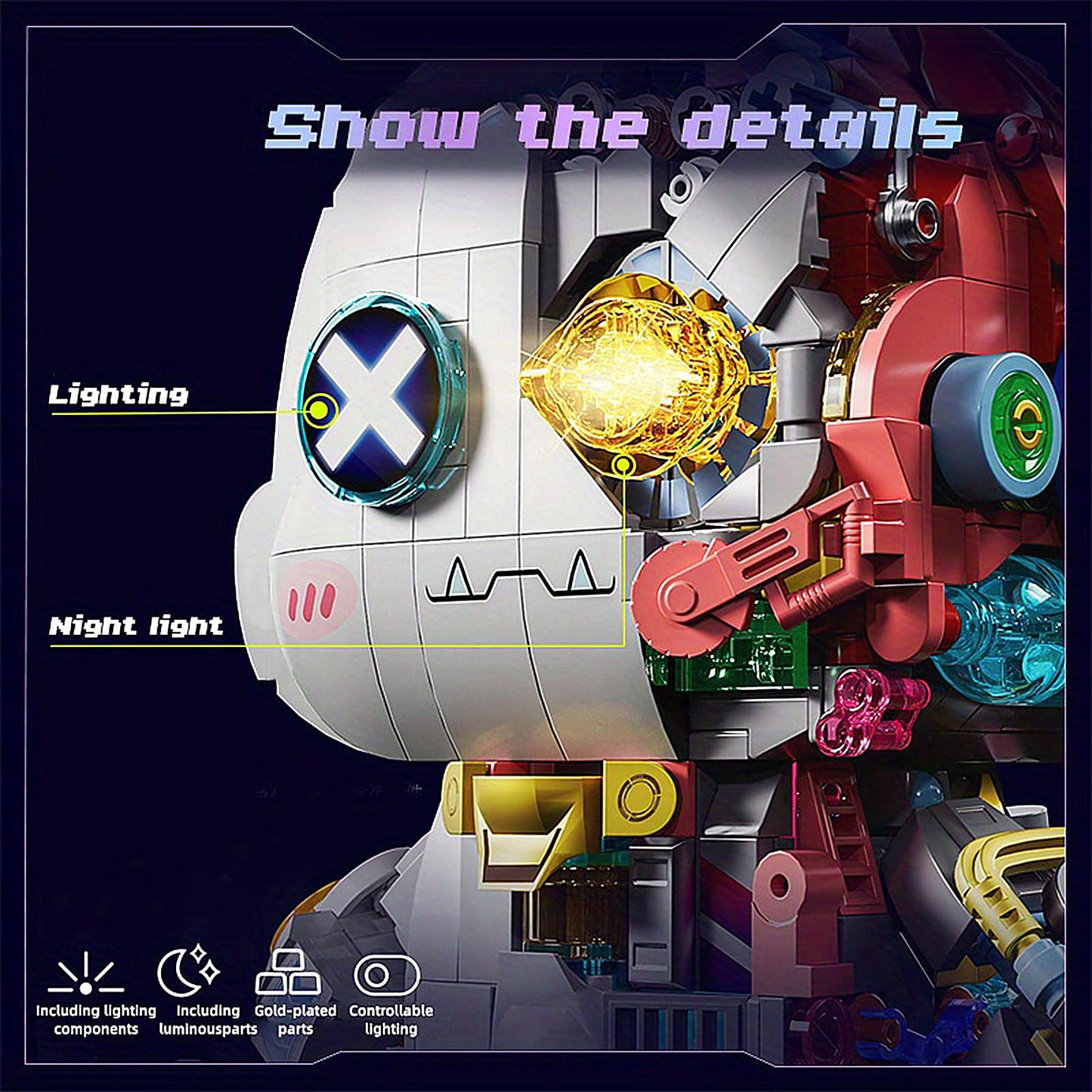 Mechanical Rabbit Building Set - Punk Style Animal Collection Toy Robot Bunny Sets with LED Light Neon Style Collectible Building Toy Ideal Birthsay