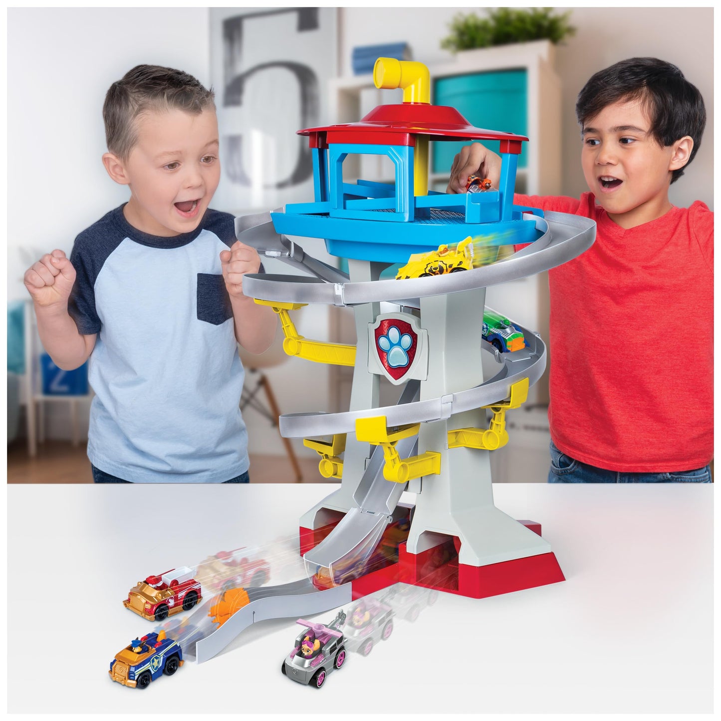 Paw Patrol Adventure Bay Lookout Tower Playset With 2 Die-Cast 1:55 Vehicles (Chase and Marshall): Twin Track Rescue Way 25 Pc Set With Launching