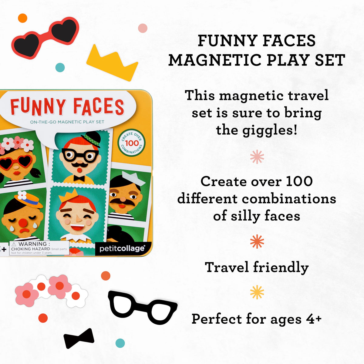 Petit Collage Funny Face Magnetic Travel Play Set - Fun Game for Families, Ideal for 2-4 Players, Ages 4+ - Travel Game for Kids with Handy Portable