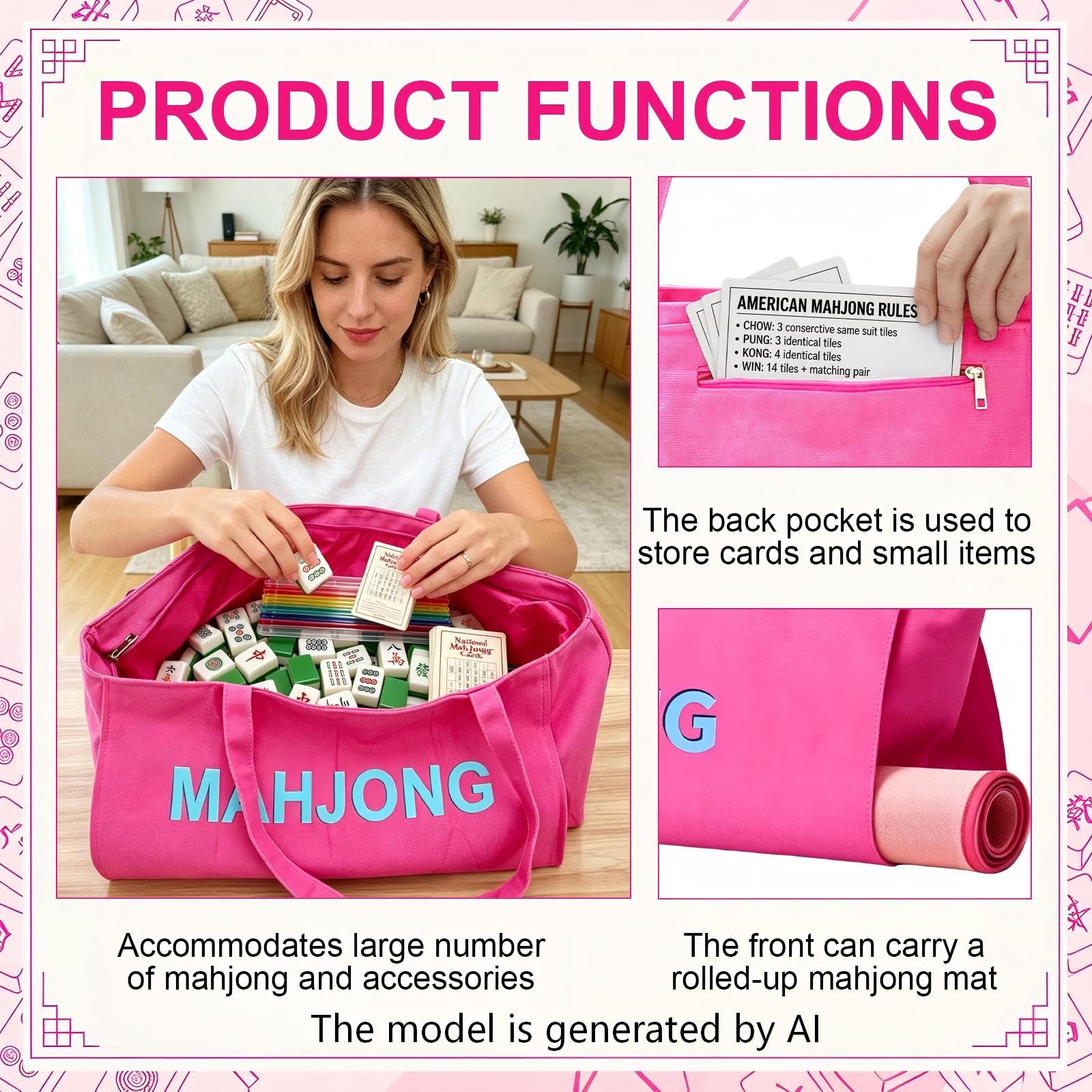 CTHMTMXS Rose Red Mahjong Bags for Tiles and Racks, 28x9 Inch Empty Mahjong Tote Bag with Zipper Closure and Outer Pockets, 16 OZ Canvas Waterproof