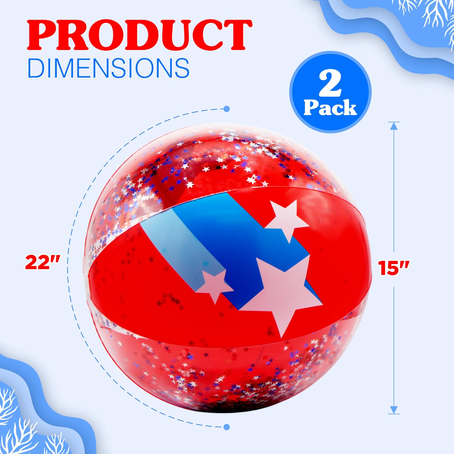 4E's Novelty 22" Patriotic Beach Balls - 2 Pack with Glitter Inside, Red White Blue Beach Balls for Kids & Adult, 4th of July Party Decorations