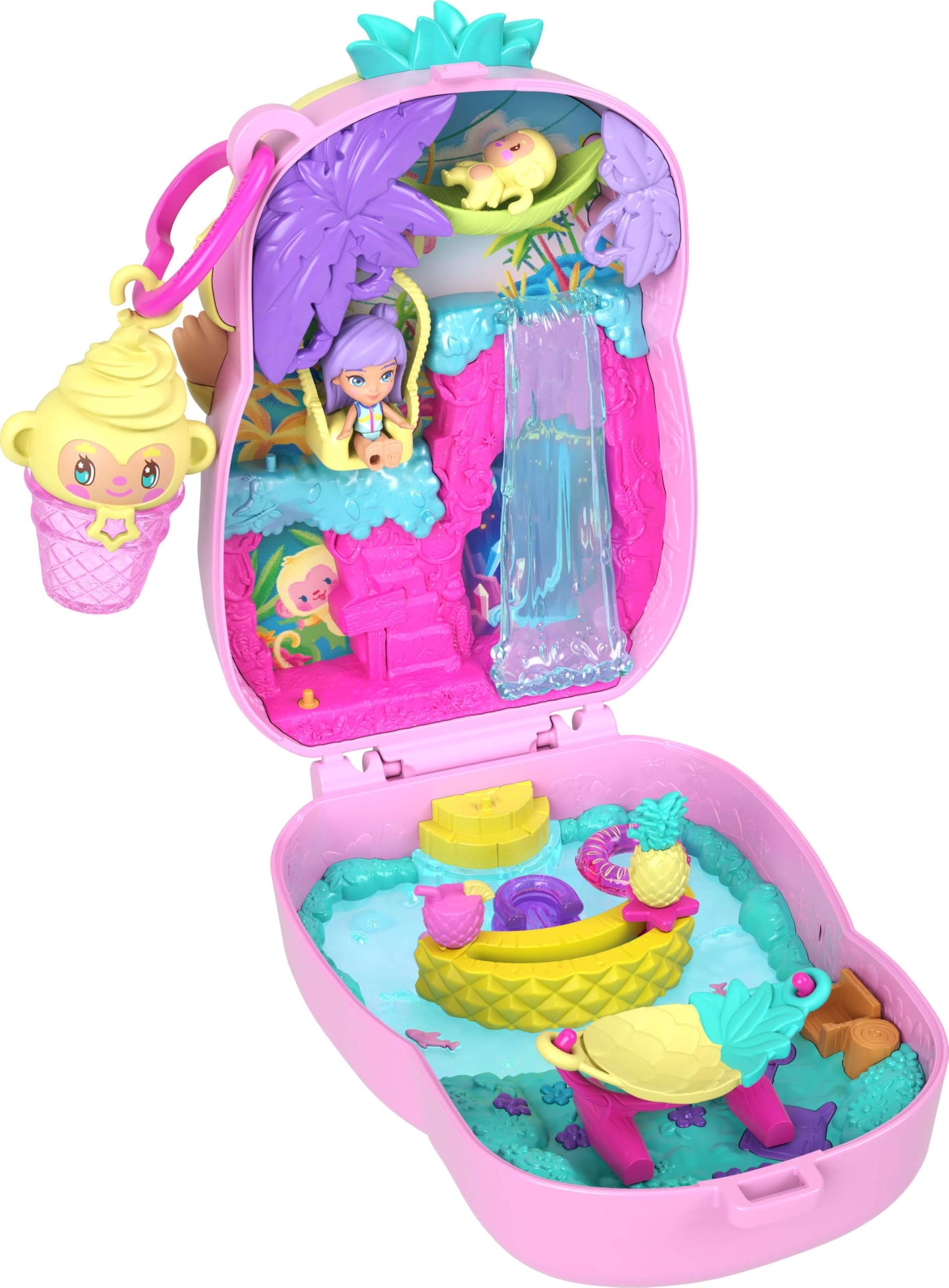 Polly Pocket Dolls and Playset, Pineapple Monkey Compact, Travel Toy with 1 Micro Doll, Pet, Hammock, Fruit Themed Accessories
