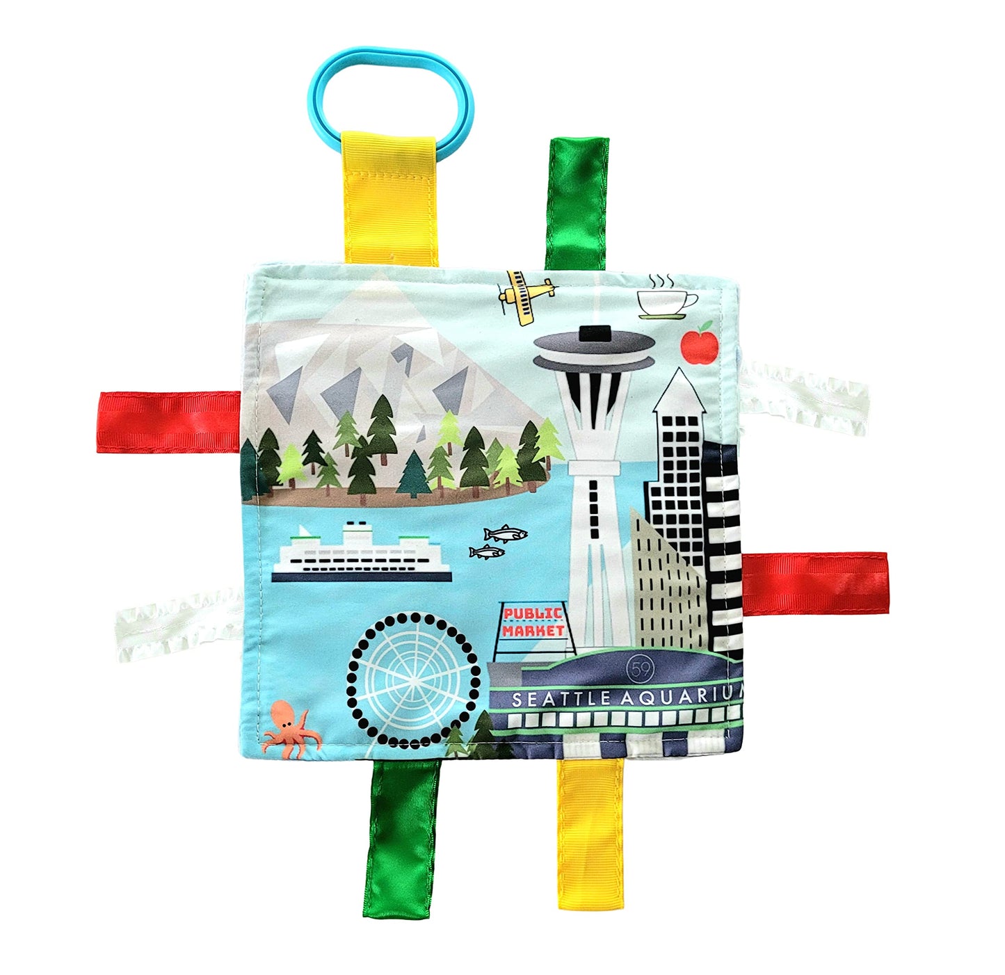 Baby Jack & Co 8x8” Learning Lovey Seattle Washington Tag Toys for Babies - Baby Crinkle Toys - Soft & Safe - Learn USA Cities and Shapes - Ideal Baby
