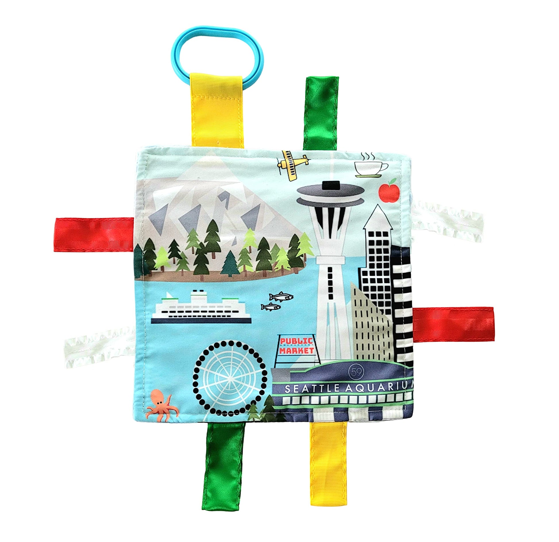 Baby Jack & Co 8x8” Learning Lovey Seattle Washington Tag Toys for Babies - Baby Crinkle Toys - Soft & Safe - Learn USA Cities and Shapes - Ideal Baby