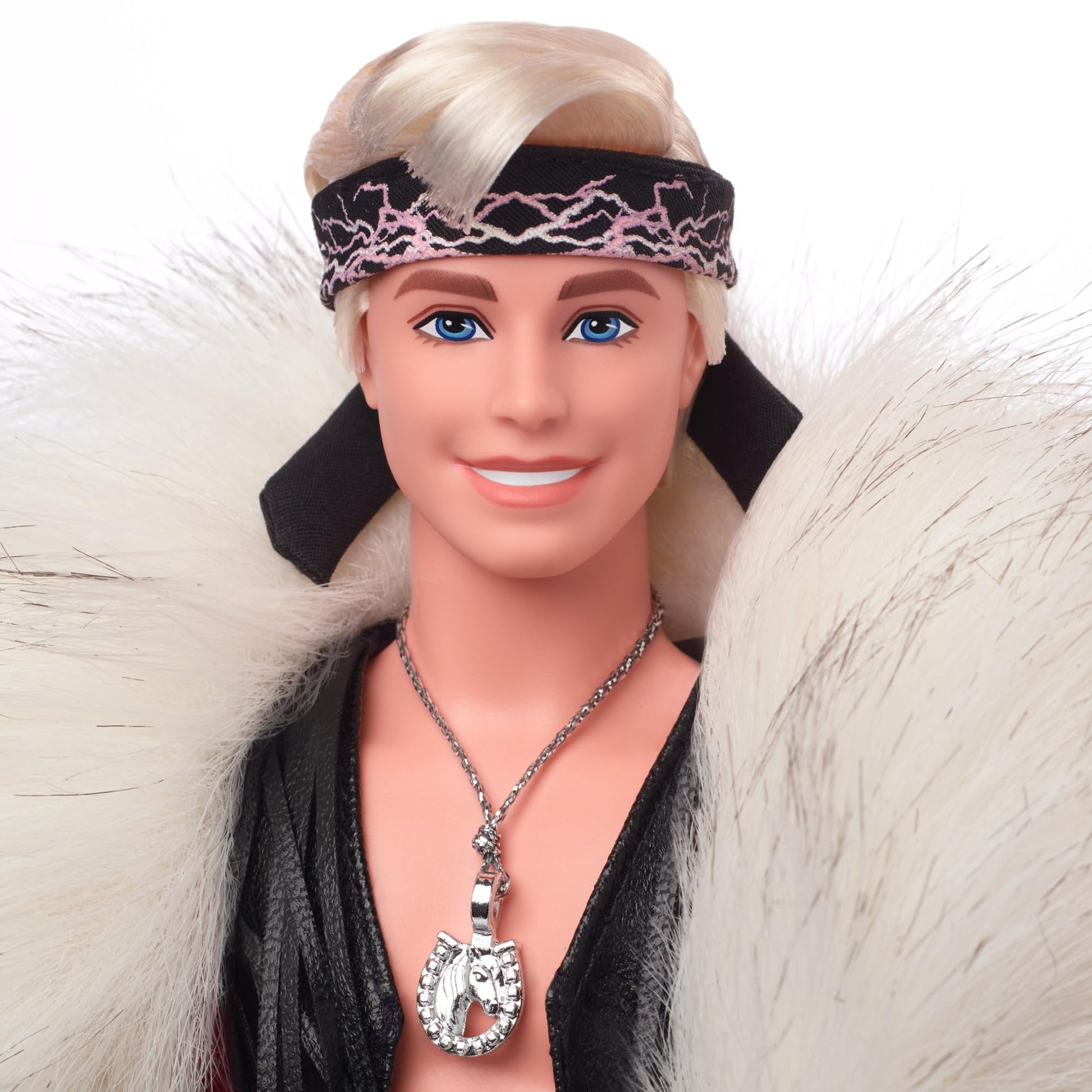 Barbie The Movie Collectible Ken Doll Wearing Big Faux Fur Coat and Black Fringe Vest with Bandana