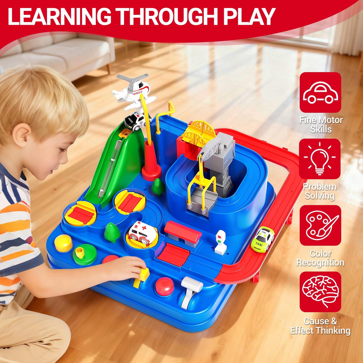 Siwuoke Toys for 3 Year Old Boys, Large City Adventure Car Race Track for Toddlers, STEM Montessori Playset with 4 Cars & Helicopter, Educational