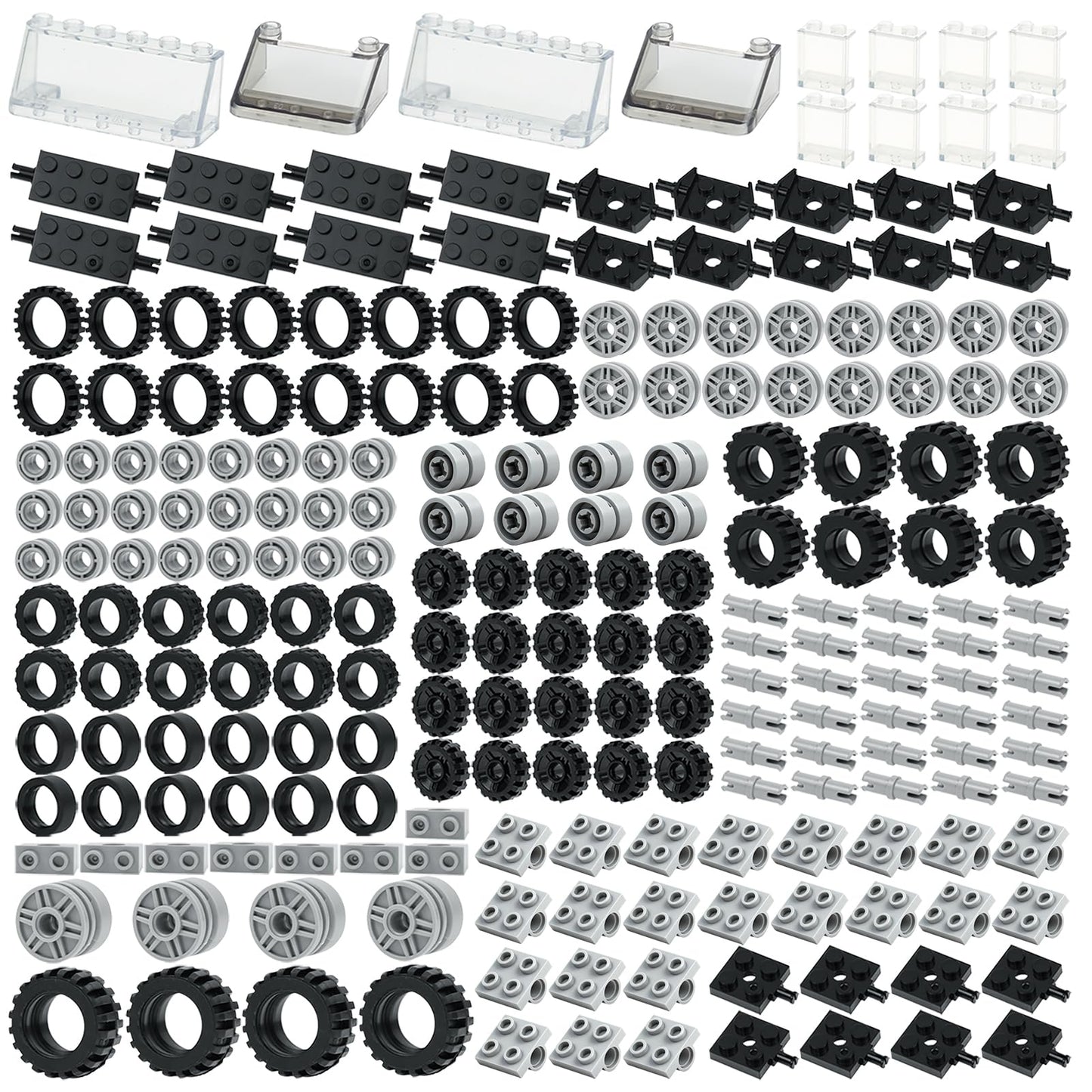 MALEKO Wheels and Axles Sets, 224pcs Car Parts and Pieces Tires Accessories Building, Construction Bulk Bricks