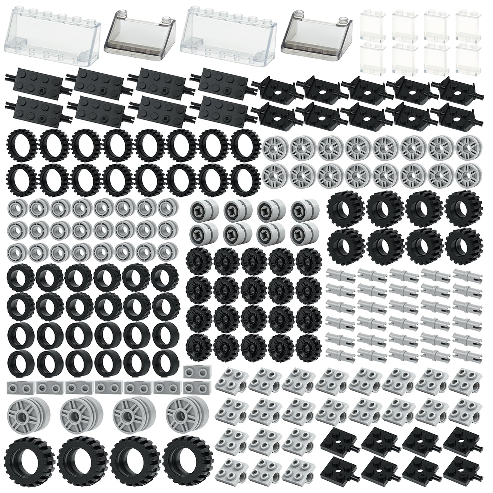 MALEKO Wheels and Axles Sets, 224pcs Car Parts and Pieces Tires Accessories Building, Construction Bulk Bricks