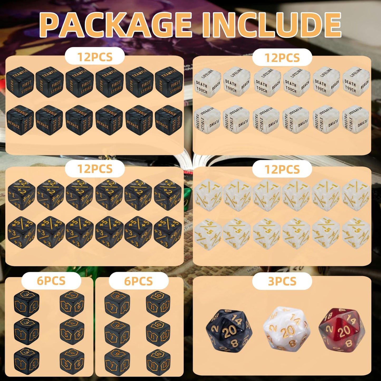 63 PCS MTG Counter Dice Set - AbilityKeyword Counters, -1/+1 Life Counter, Shield Life Counter Dice, Creature Stat Buffs, Marble Colour D6 Cube Dice