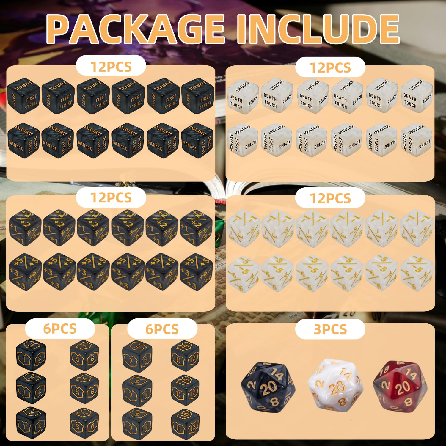 63 PCS MTG Counter Dice Set - AbilityKeyword Counters, -1/+1 Life Counter, Shield Life Counter Dice, Creature Stat Buffs, Marble Colour D6 Cube Dice