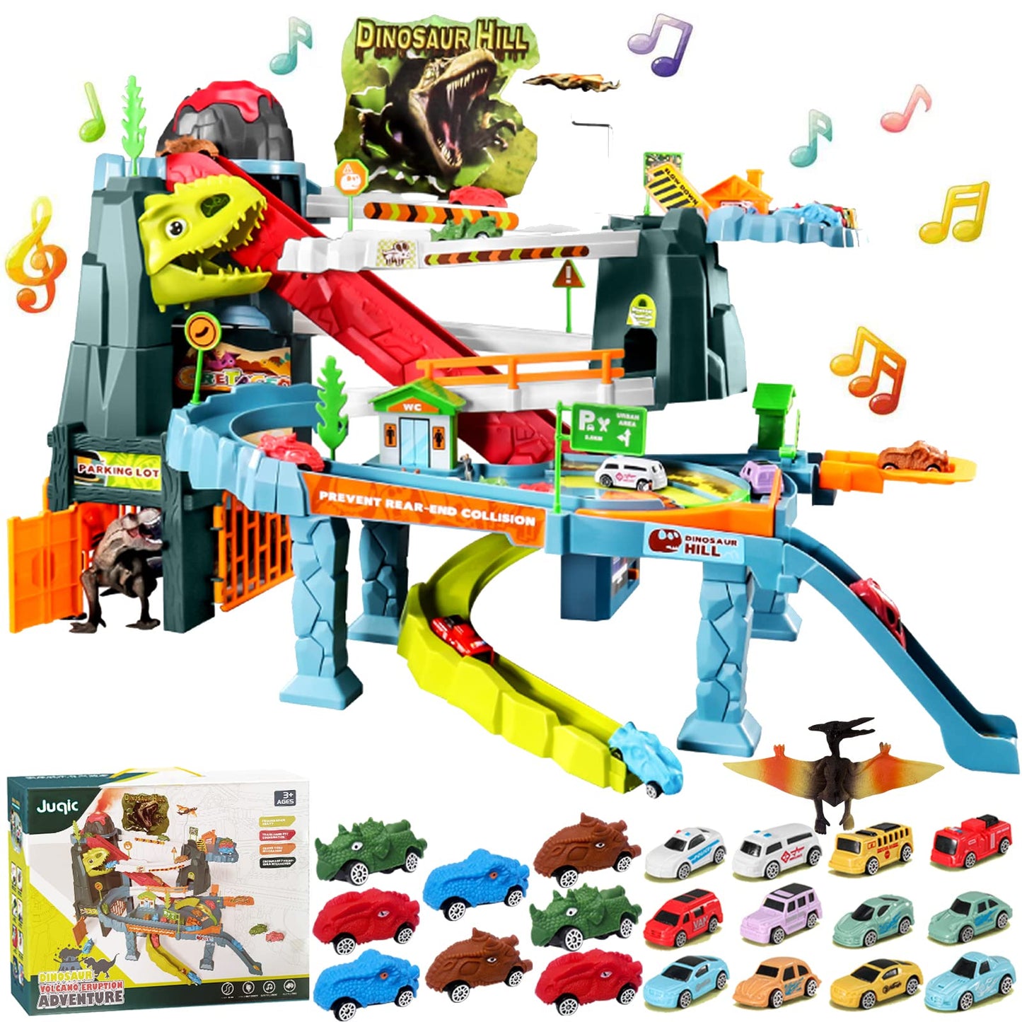 Juqic Children's Toy Car Ramp Track Dinosaur Spray Hills Adventure Railcar Slot Car Vehicle Race Play Set with 20 Mini Cars for Preschool Boys Puzzles