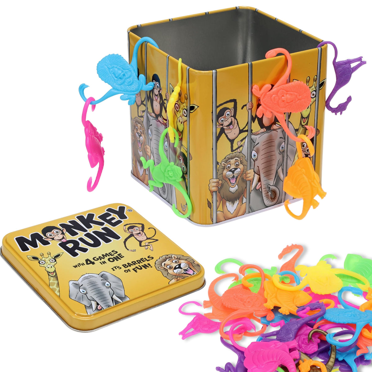 TDC Games Monkey Run - Monkey Linking Chain Game in Tin Box, 32 Colorful Animal Figures, Four Games in One, Travel Games for 1-4 Players, Dexterity