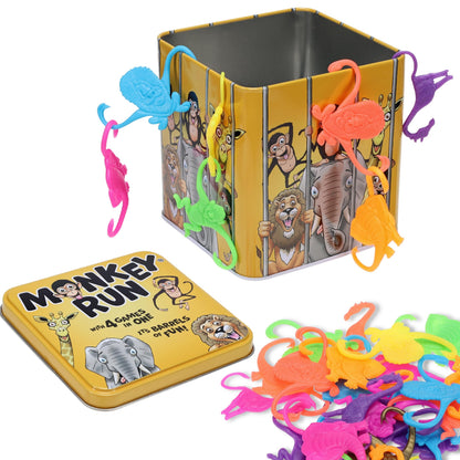 TDC Games Monkey Run - Monkey Linking Chain Game in Tin Box, 32 Colorful Animal Figures, Four Games in One, Travel Games for 1-4 Players, Dexterity