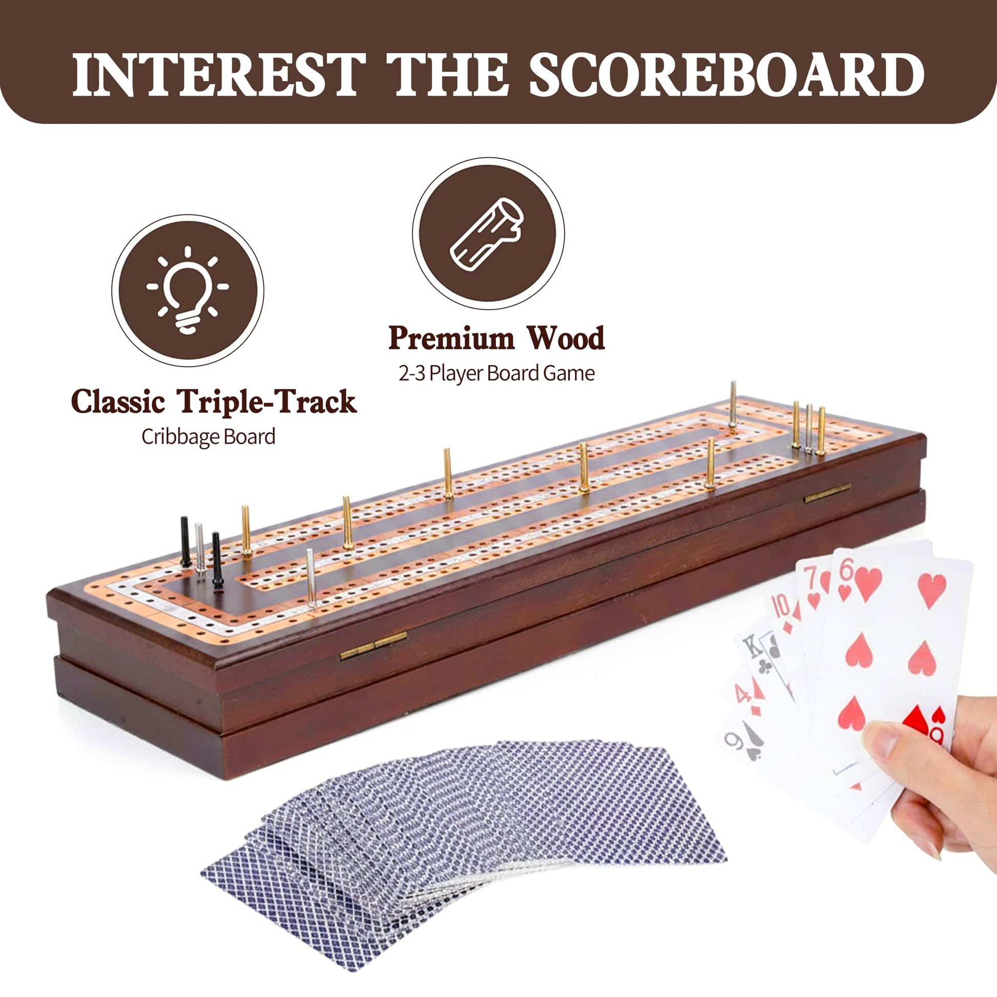 Premium Solid Wood Cribbage Board Game Set - 2/3/4 Player Classic Card Strategy Game with Integrated Storage, Metal Pegs & Deck of Cards | Elegant
