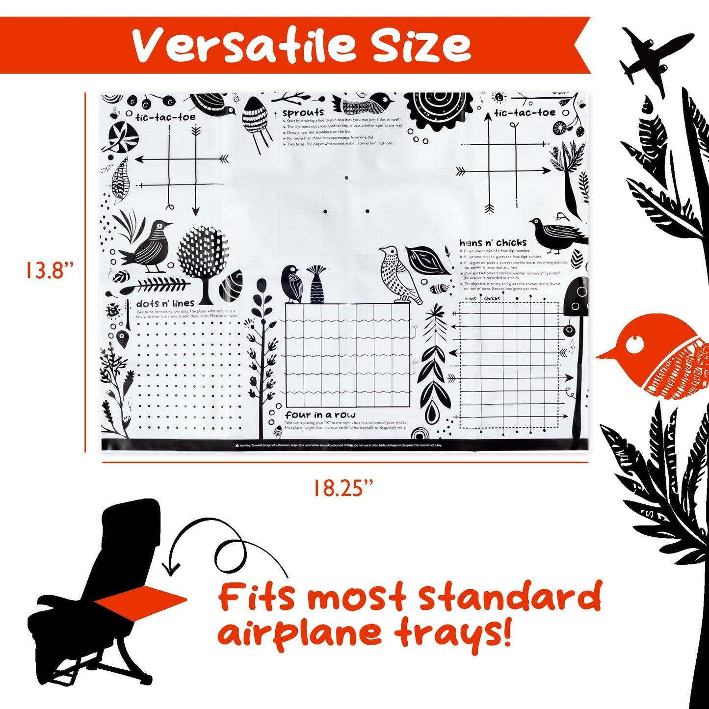 GSM Brands Disposable Airplane Tray Table Cover (Pack of 20) - Double Sided with 12 Games - Opaque White