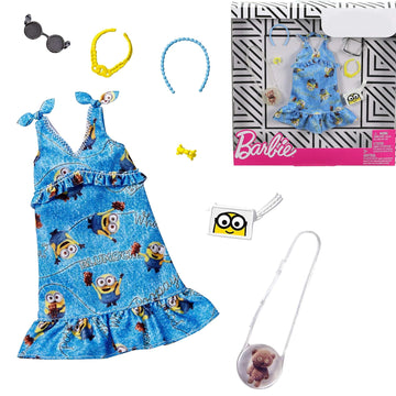Barbie Storytelling Fashion Pack of Doll Clothes Inspired by Minions: Denim Dress and 6 Accessories Dolls, Gift for 3 to 8 Year Olds