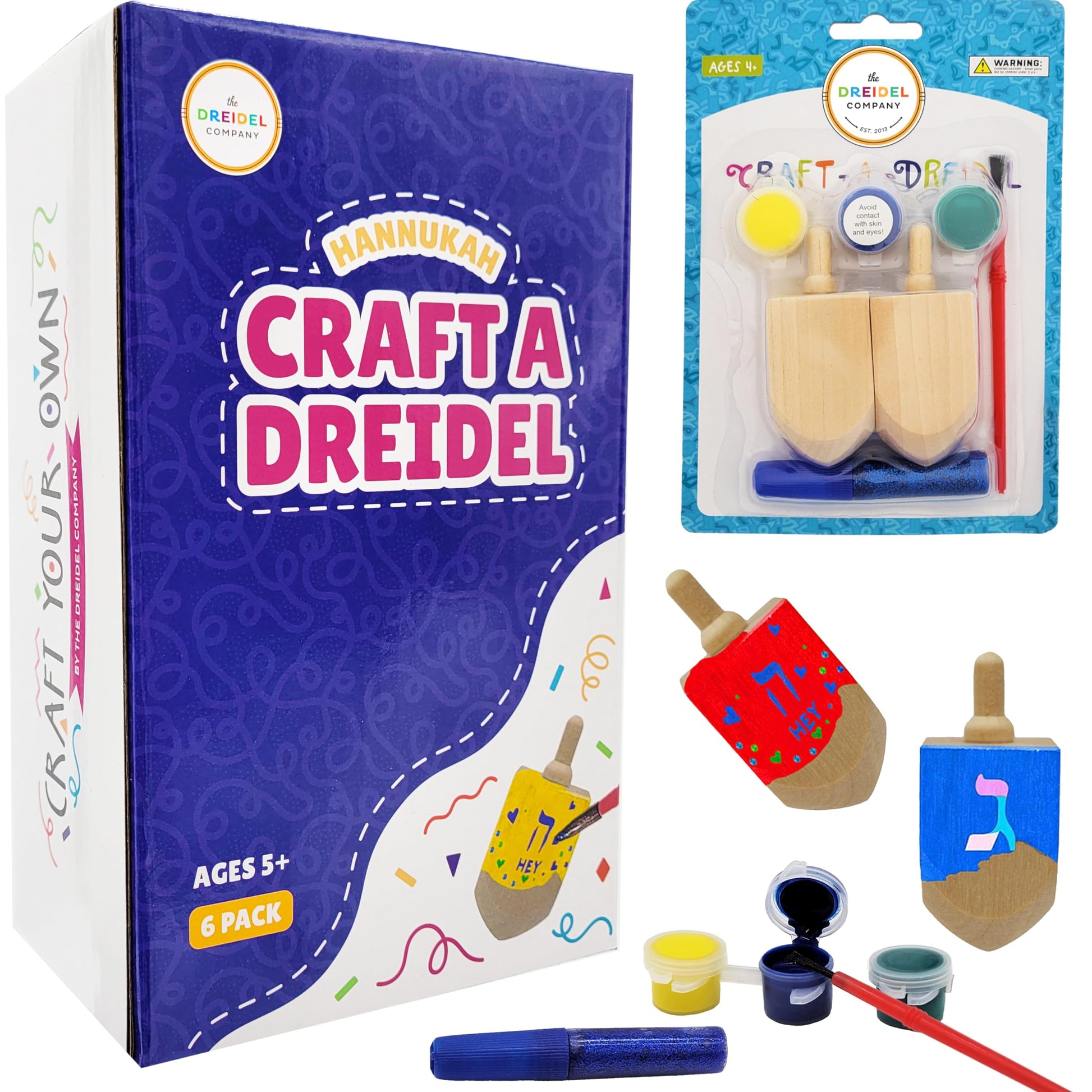 Craft-A-Dreidel, Create Your Own Custom Dreidel, Kit Includes 6 Wooden Dreidels, 9 Colors, 3 Brush, 3 Glitter - Fun and Educational (6 Dreidels)