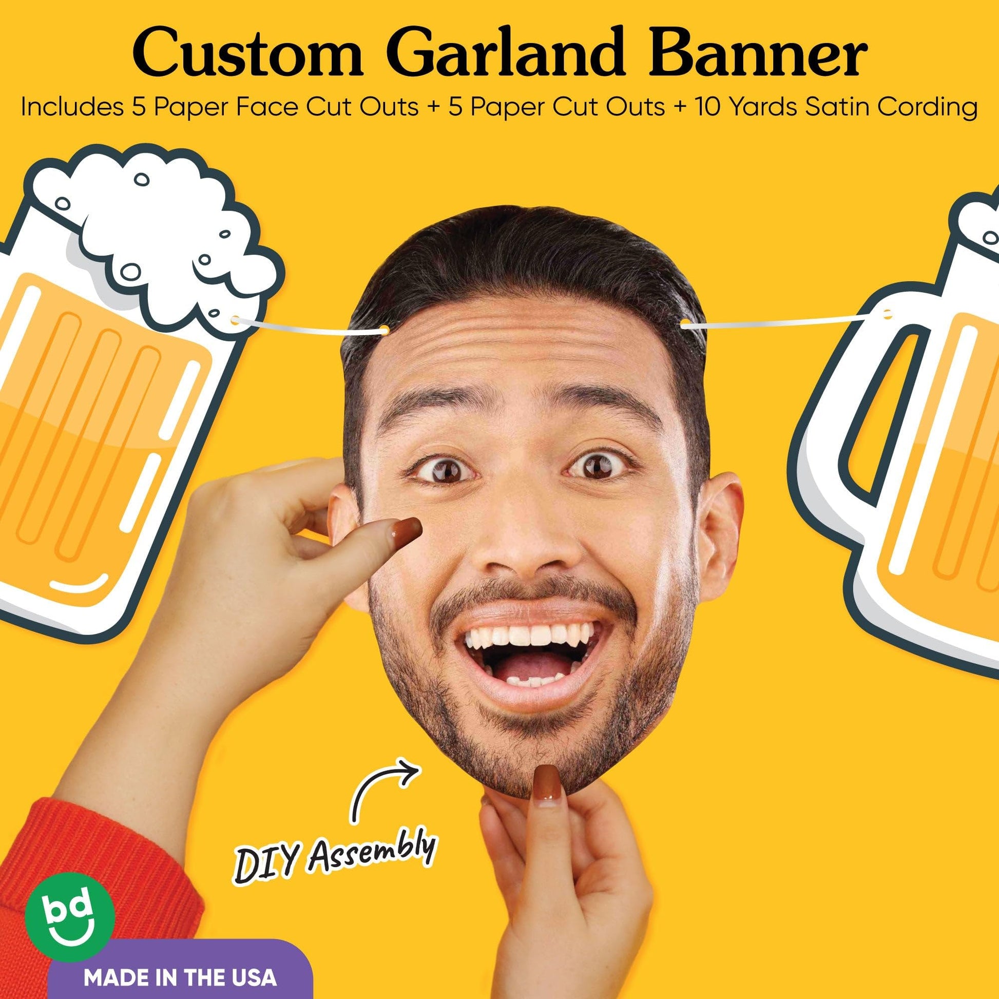 Big Dot of Happiness Custom Cheers and Beers Face Cut Out Garland Banner, Personalized Adult Birthday Party Decor, 30 Feet of Cord, 5 Photo Face