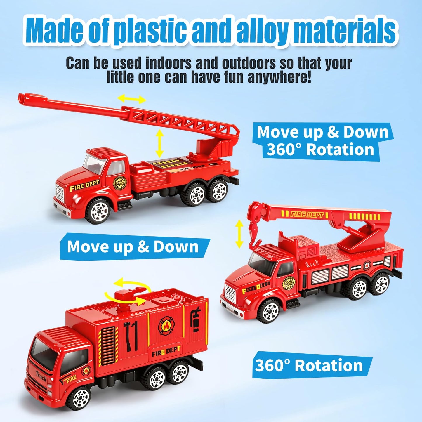 QUANA 6 Pack Fire Truck Playset, Alloy Mini Firetruck Toys for Toddlers 3-5