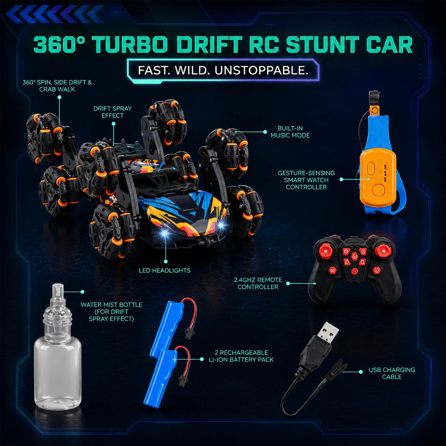 8 Wheels Hand Controlled RC Stunt Car, Gesture Sensing Car for Boys 6-12