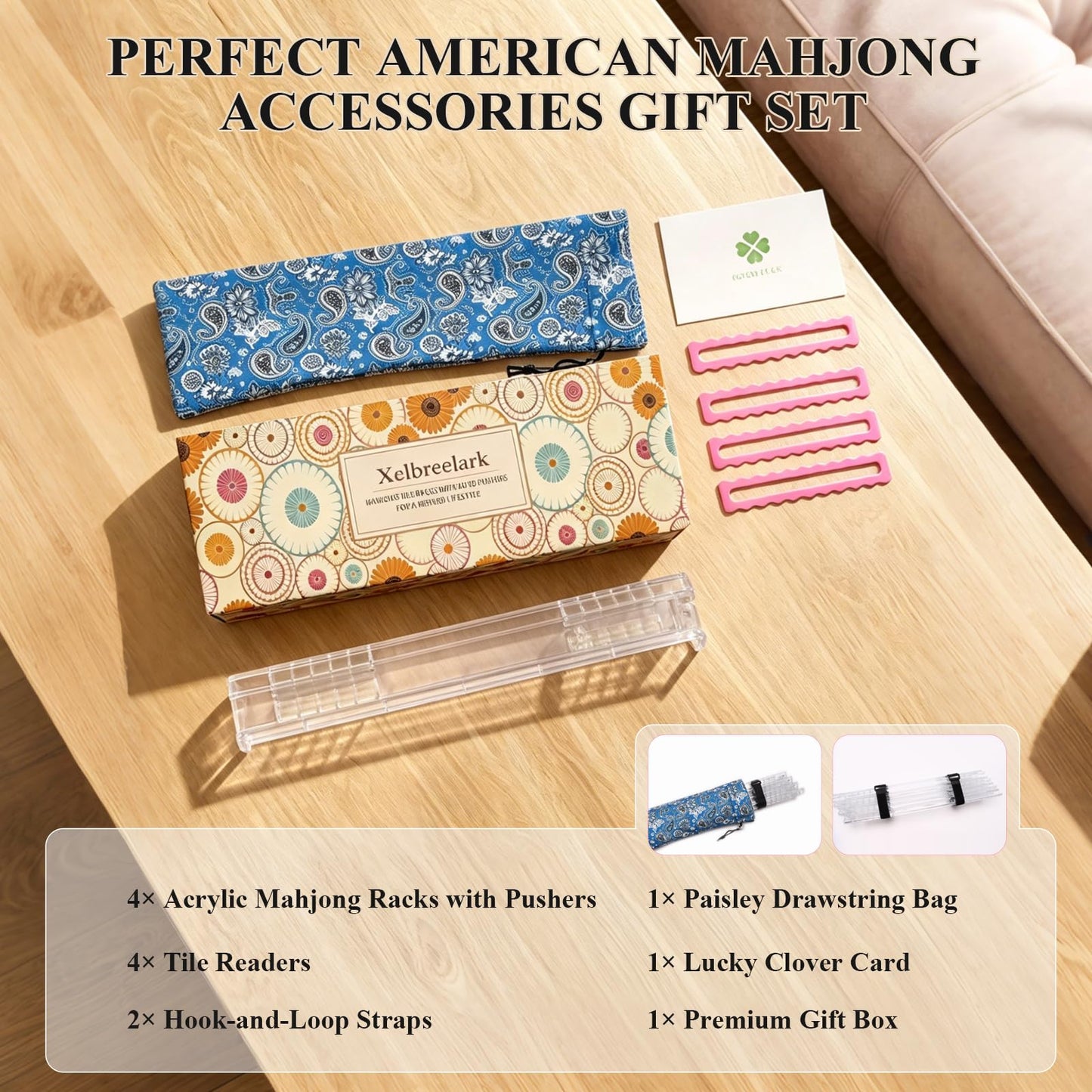 Non-Slip Clear Mahjong Racks with Pushers Set of 4, Complete Gift Set with 4 Readers, Lucky Clover Card, Paisley Bag & Elegant Gift Box, American