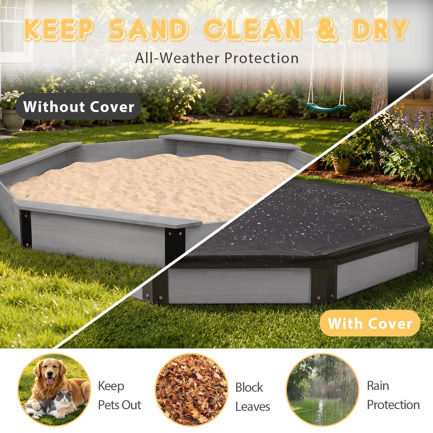 85''x78''x9'' Octagon Sandbox with Cover for Kids Outdoor Play, Wood Large Sandpit with 4 Benches, Quick Easy Install, US. Patented