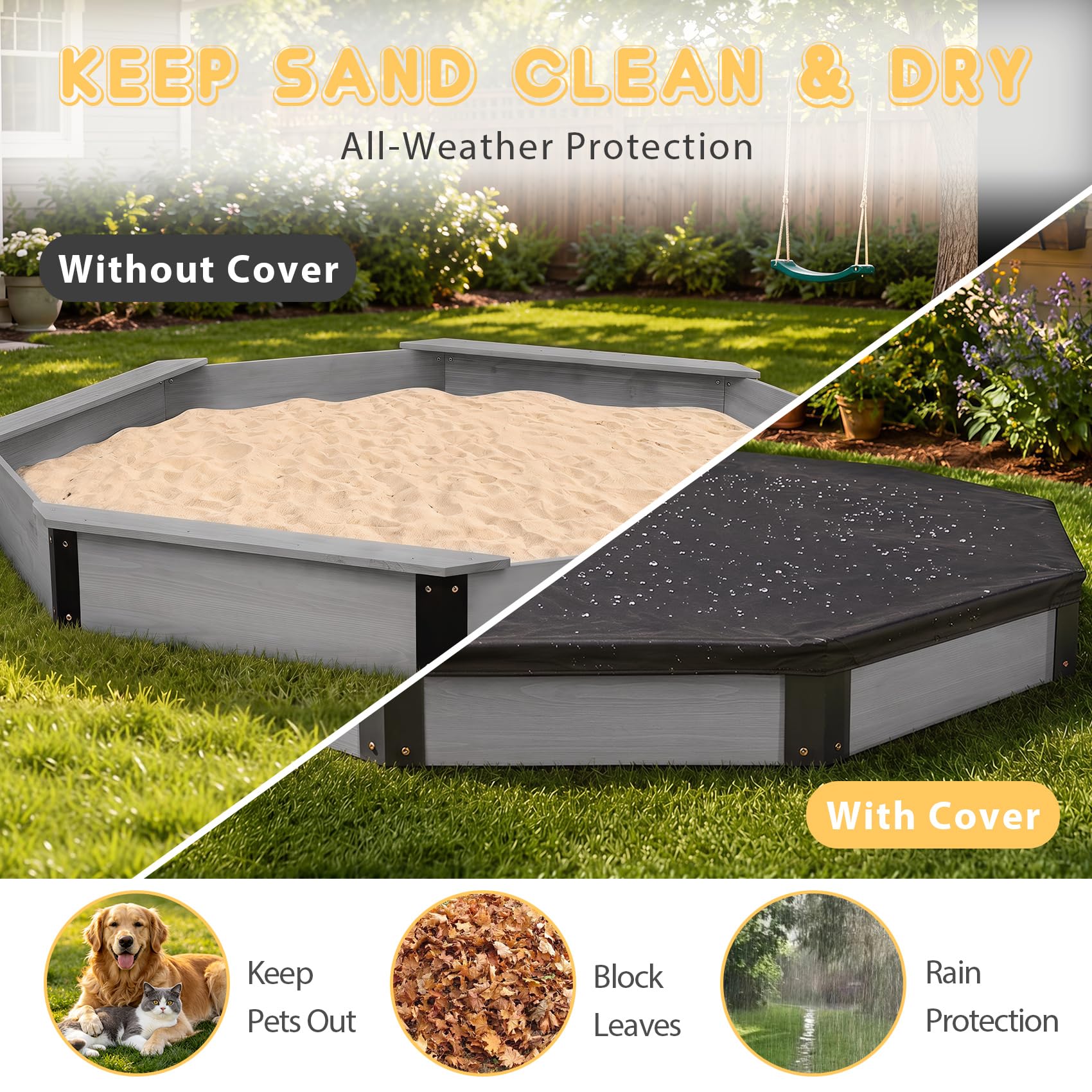 85''x78''x9'' Octagon Sandbox with Cover for Kids Outdoor Play, Wood Large Sandpit with 4 Benches, Quick Easy Install, US. Patented