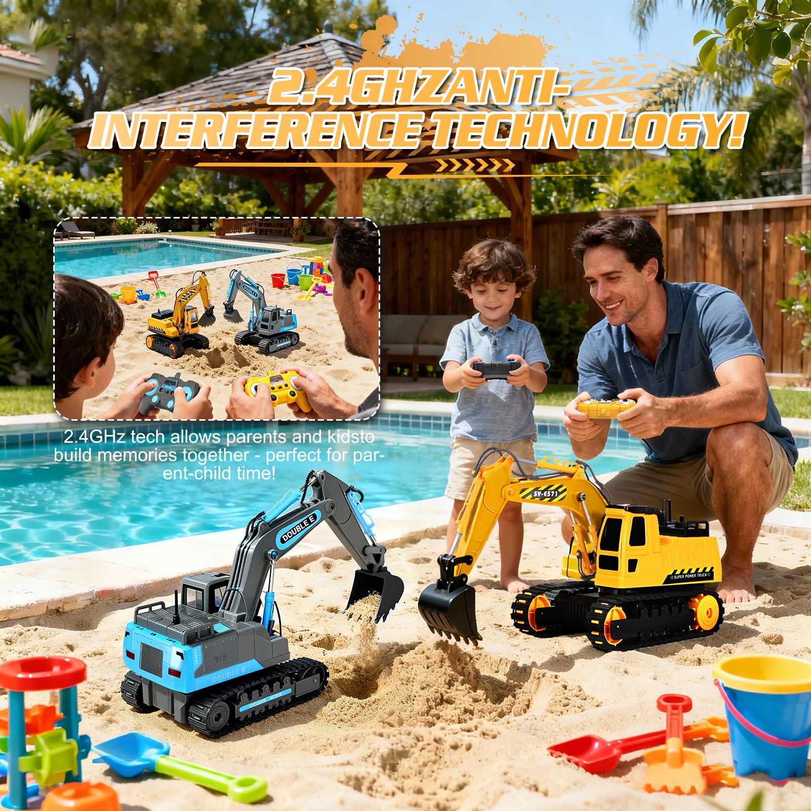DOUBLE E Remote Control Excavator Toy, 2*Batteries 2.4GHz RC Excavator, 6-in-1 Digging/360° Rotation, 20M Range Sandbox Construction Toys Birthday