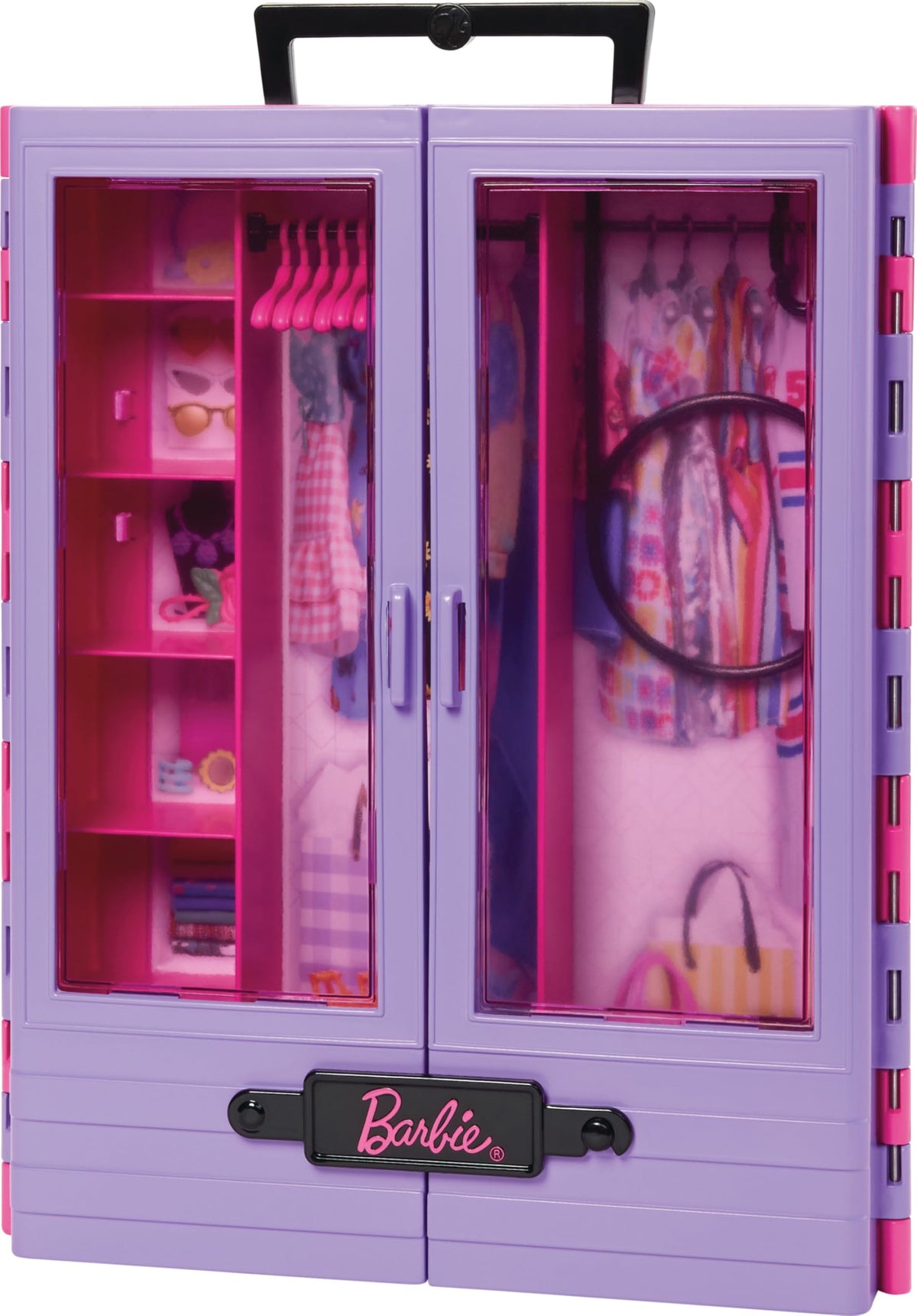 Barbie Fashionistas Ultimate Closet & 6 Hangars, Purple with Fold-Out Rack & Carrying Handle, Portable Storage for Fashion Doll Clothes & Accessories